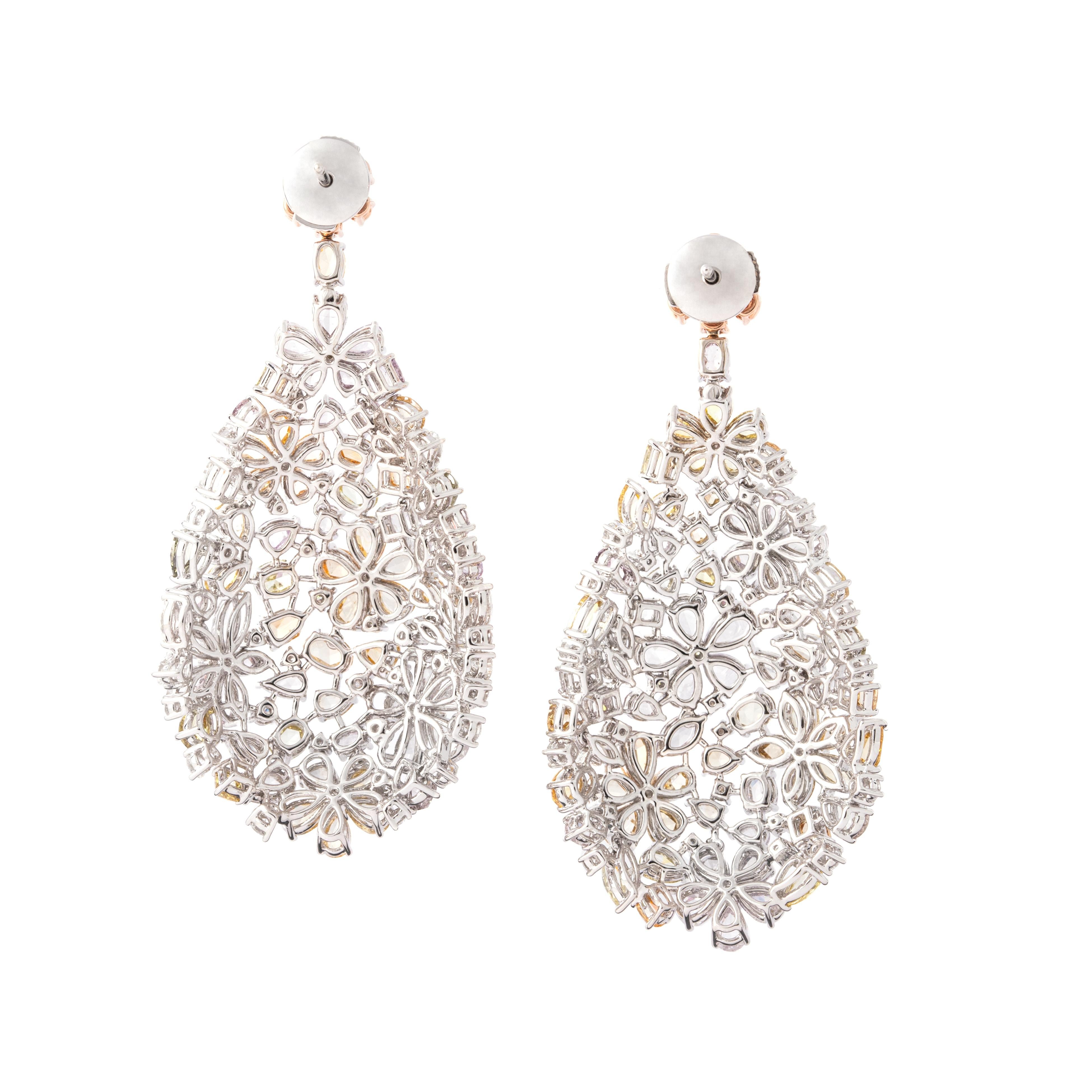 Pear Cut Fancy Color Diamond Flower 18K Gold Earrings For Sale