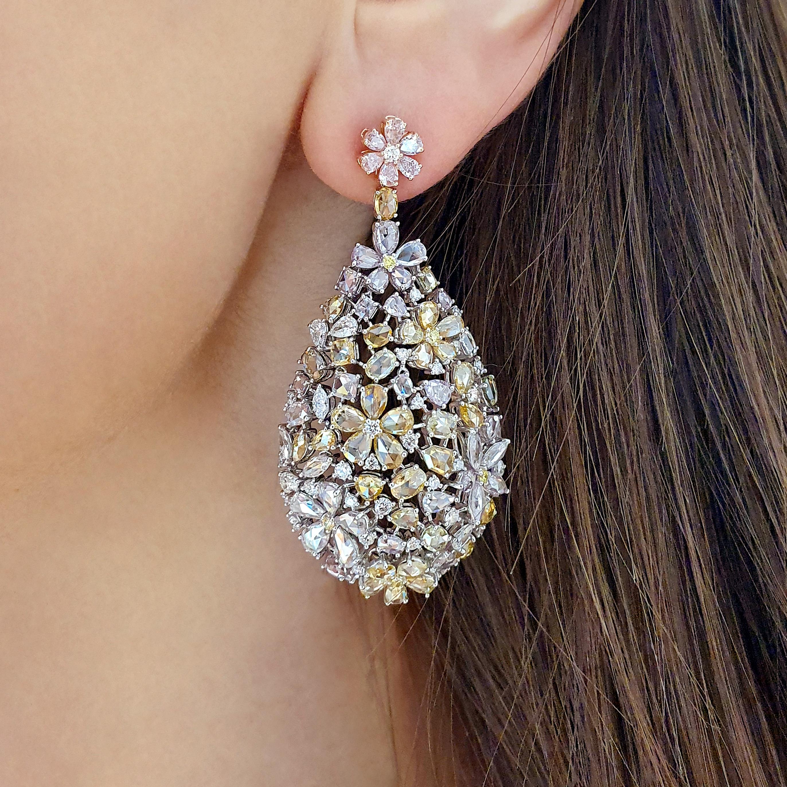 Women's or Men's Fancy Color Diamond Flower 18K Gold Earrings For Sale
