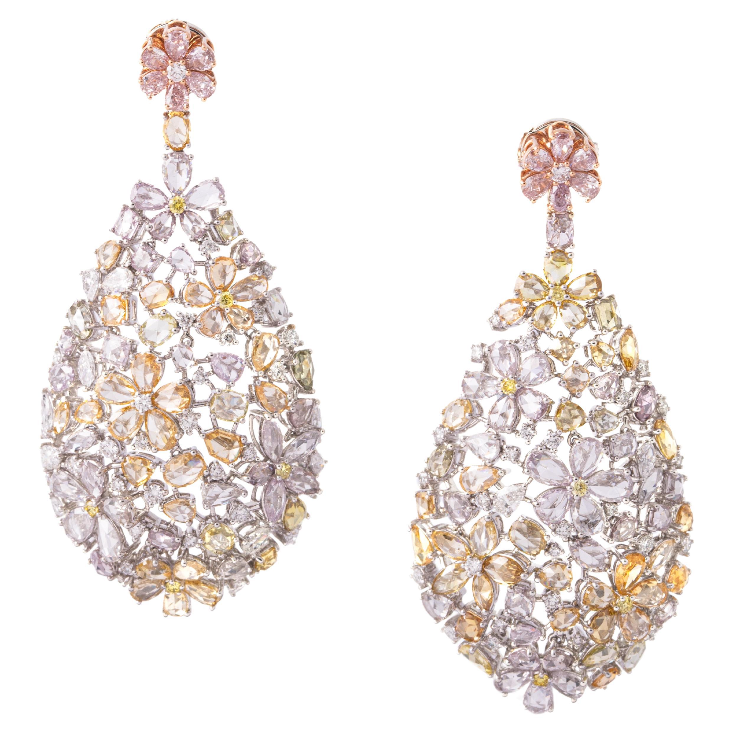 Fancy Color Diamond Flower 18K Gold Earrings For Sale