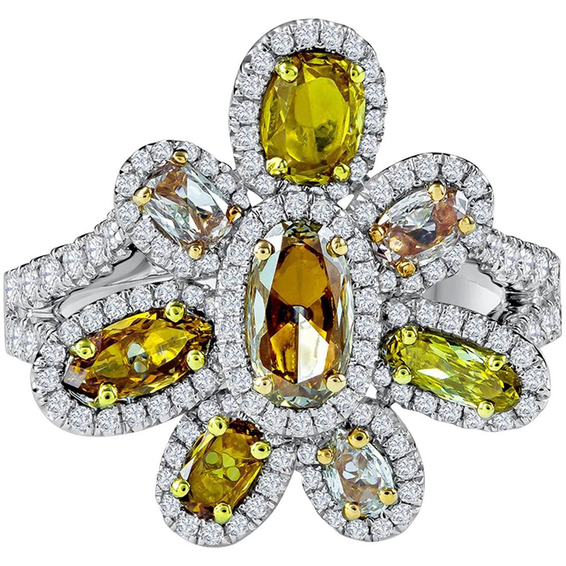 1.36 Carat Total Mixed Cut Fancy Color Gemstone with Diamond Flower Ring For Sale