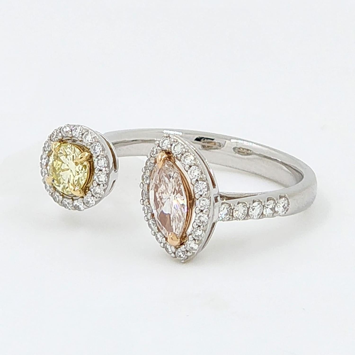 Modernist 1.00Ct Pink & Yellow Fancy Color Diamond Toi Et Moi Ring in 18 Karat White Gold For Sale