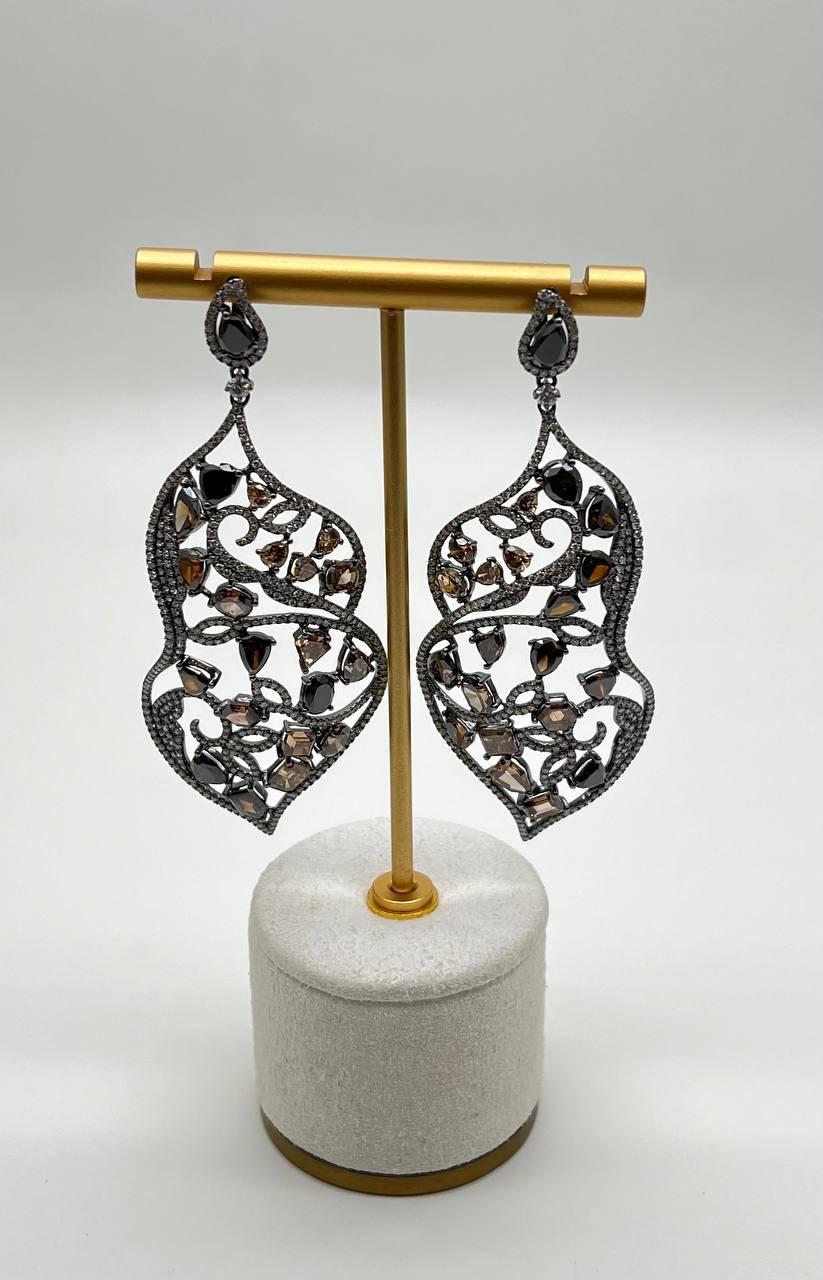 Mixed Cut Fancy Color Diamond & White Diamonds 18K White Black Gold Statement Earrings For Sale