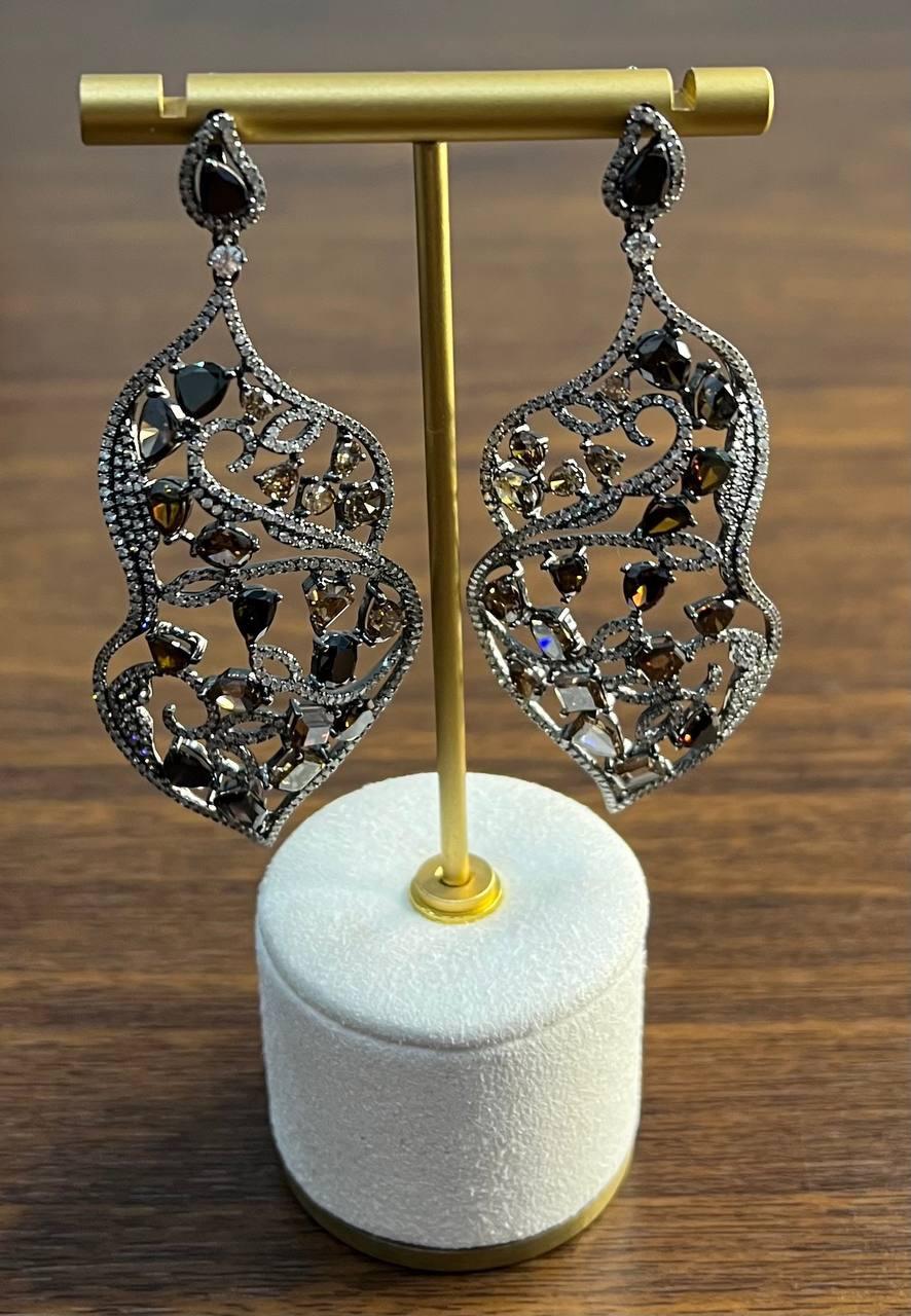 Women's Fancy Color Diamond & White Diamonds 18K White Black Gold Statement Earrings For Sale