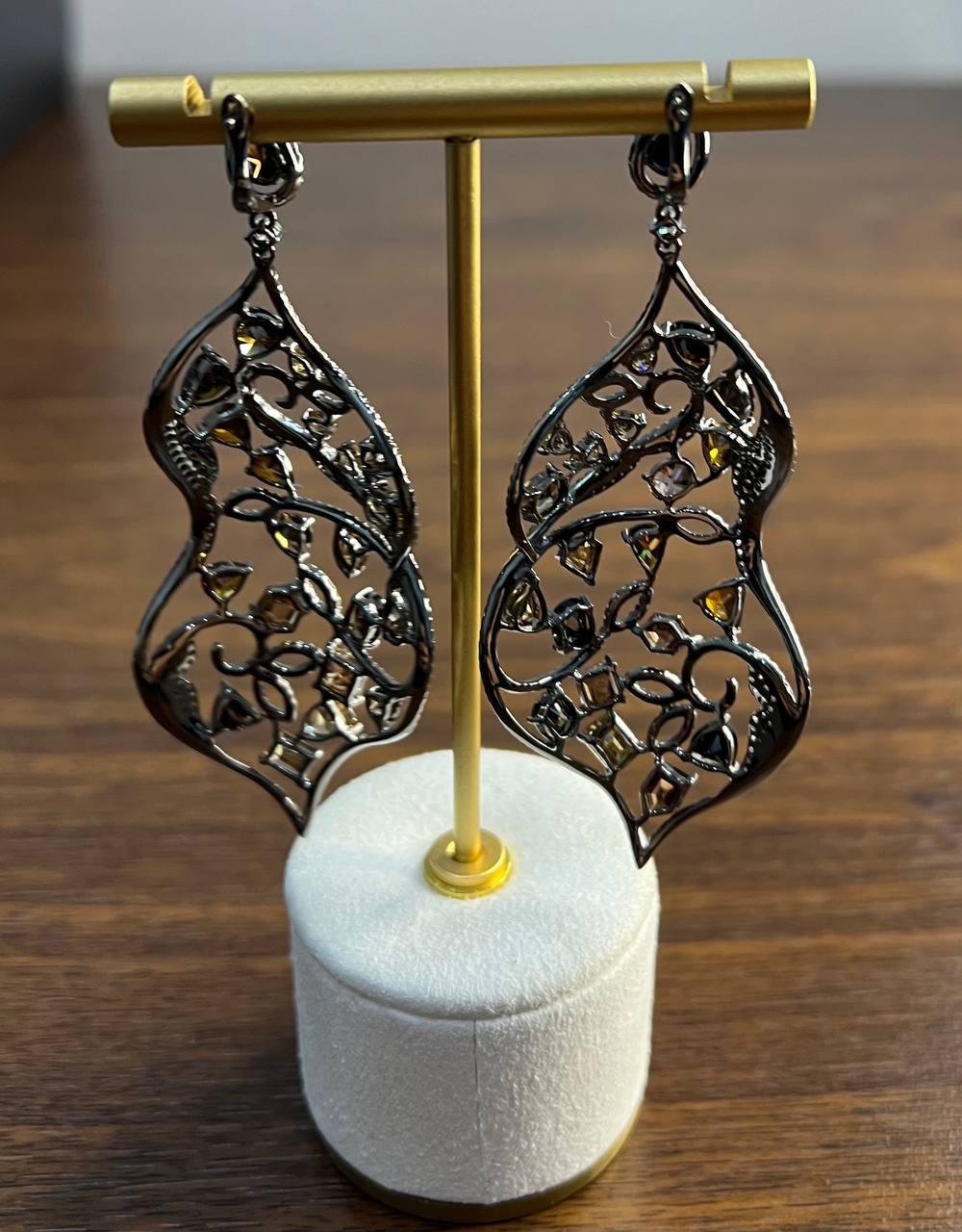 Fancy Color Diamond & White Diamonds 18K White Black Gold Statement Earrings For Sale 1