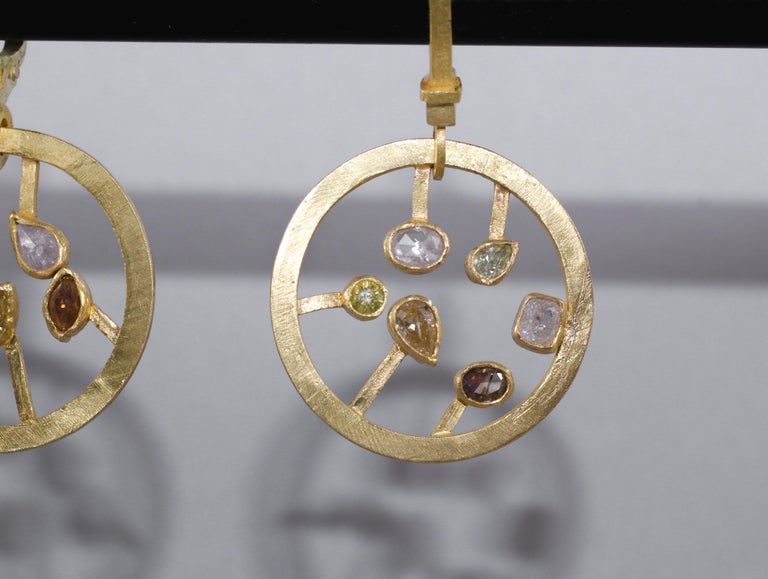 Artist Fancy Color Diamonds 21-22k Gold Dangle Lever-Back Earrings Wedding Jewelry For Sale