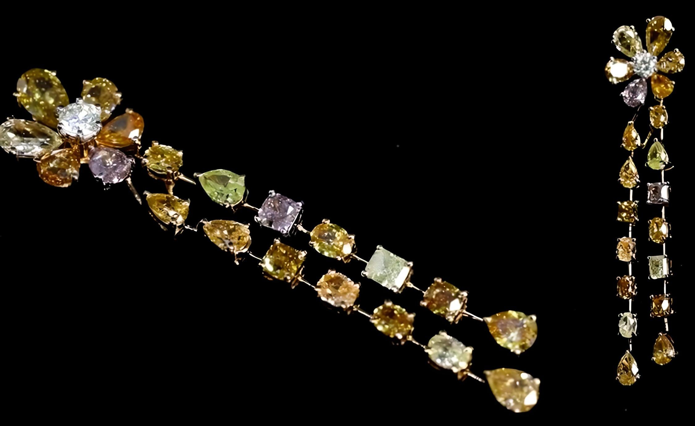 Fancy Color Diamonds Flower Earrings Dangle 14.27 Ct Total (42 pc) 18K Rose Gold For Sale 2