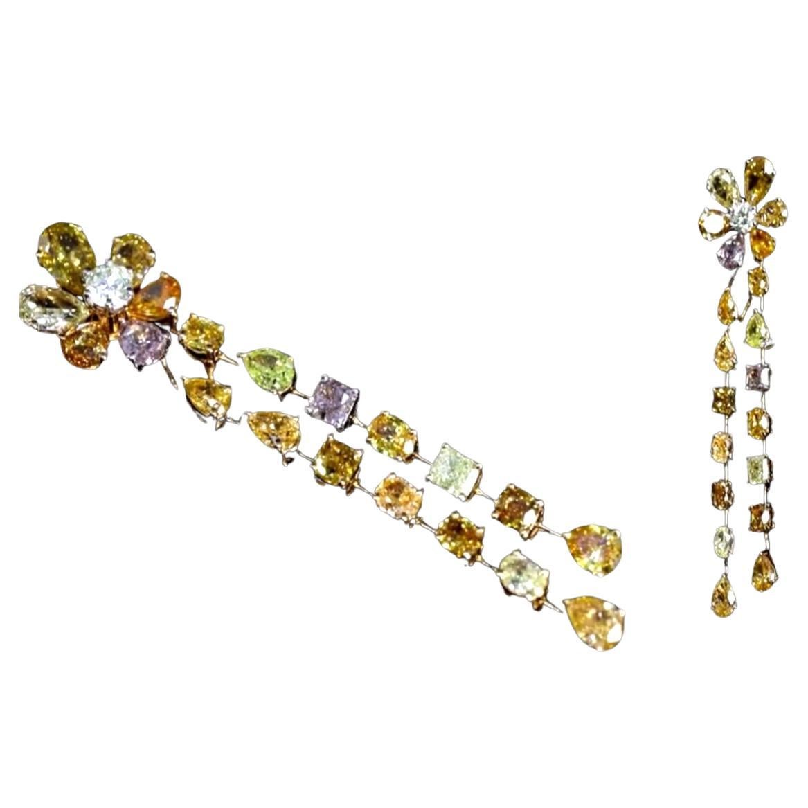 Fancy Color Diamonds Flower Earrings Dangle 14.27 Ct Total (42 pc) 18K Rose Gold For Sale 1
