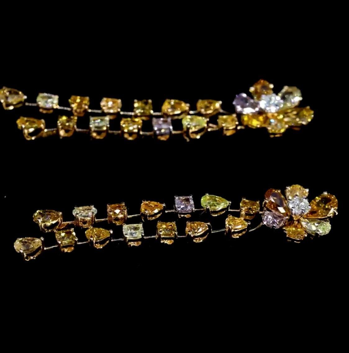 Fancy Color Diamonds Flower Earrings Dangle 14.27 Ct Total (42 pc) 18K Rose Gold For Sale 3