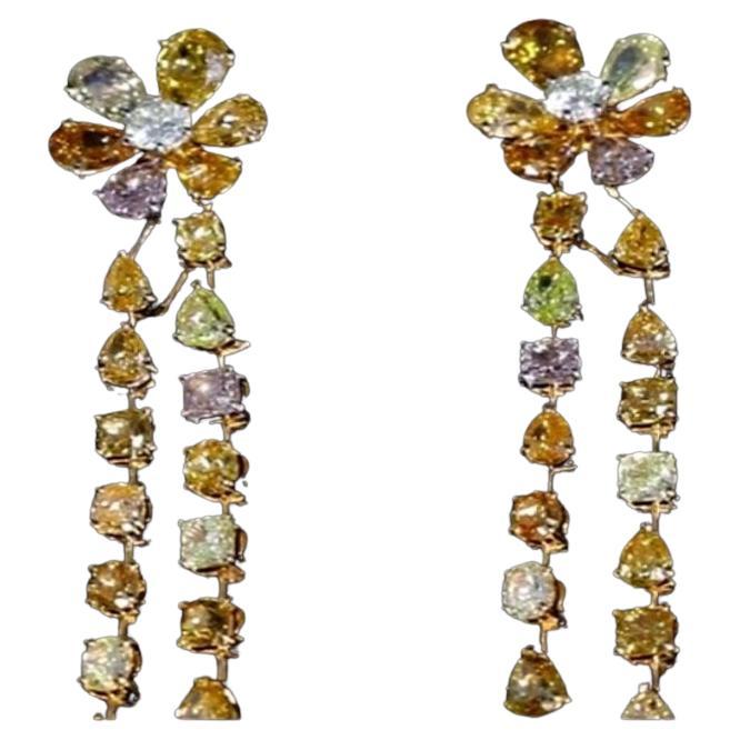 Women's Fancy Color Diamonds Flower Earrings Dangle 14.27 Ct Total (42 pc) 18K Rose Gold For Sale