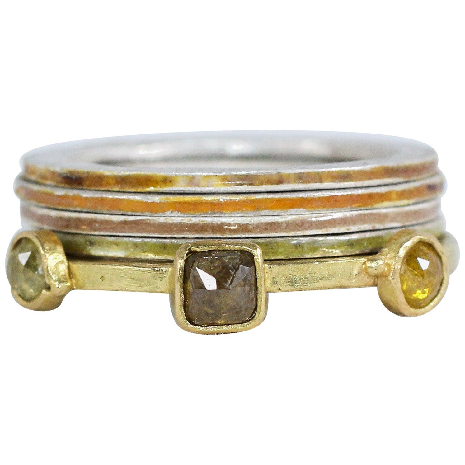 Fancy Color Diamonds Three-Stone 18 Karat Gold Engagement Ring Enamel Silver  For Sale