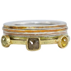 Used Fancy Color Diamonds Three-Stone 18 Karat Gold Engagement Ring Enamel Silver 