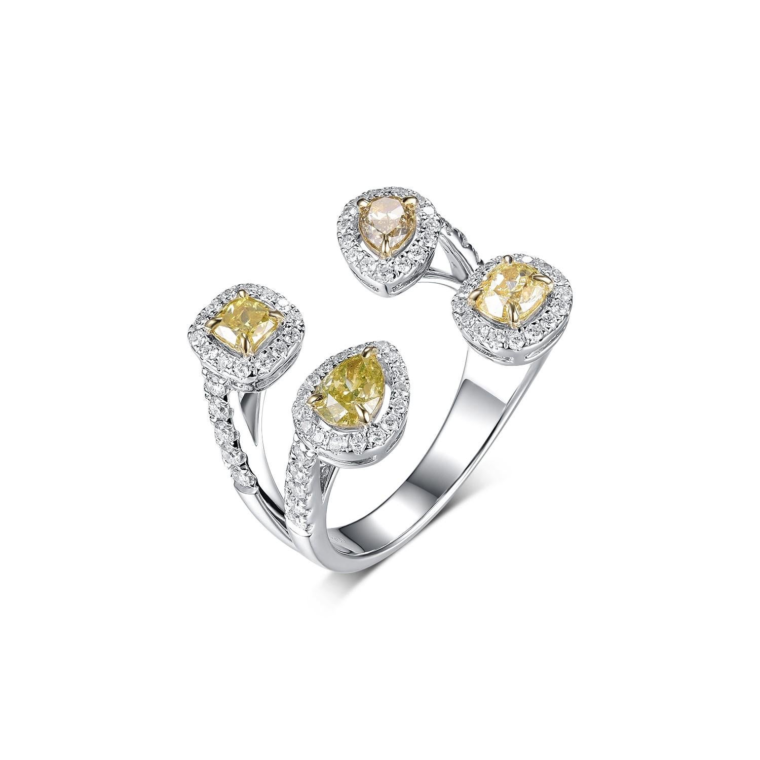 Dieser Ring besteht aus 1,11 Karat Diamanten im Fancy-Schliff (3 gelbe Diamanten im Fancy-Schliff und 1 bourbonfarbener Diamant in Birnenform), ergänzt durch 0,6 Karat weiße runde Diamanten.  Der Ring ist in 18 Karat Weißgold gefasst. 

US