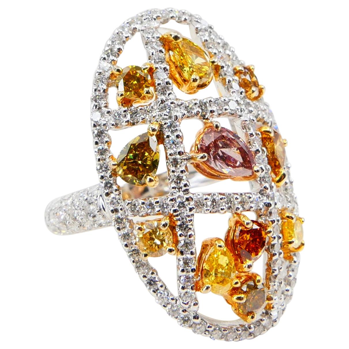 Fancy Color, Fancy Shaped Multicolored Diamond Cocktail Ring, Statement Piece For Sale