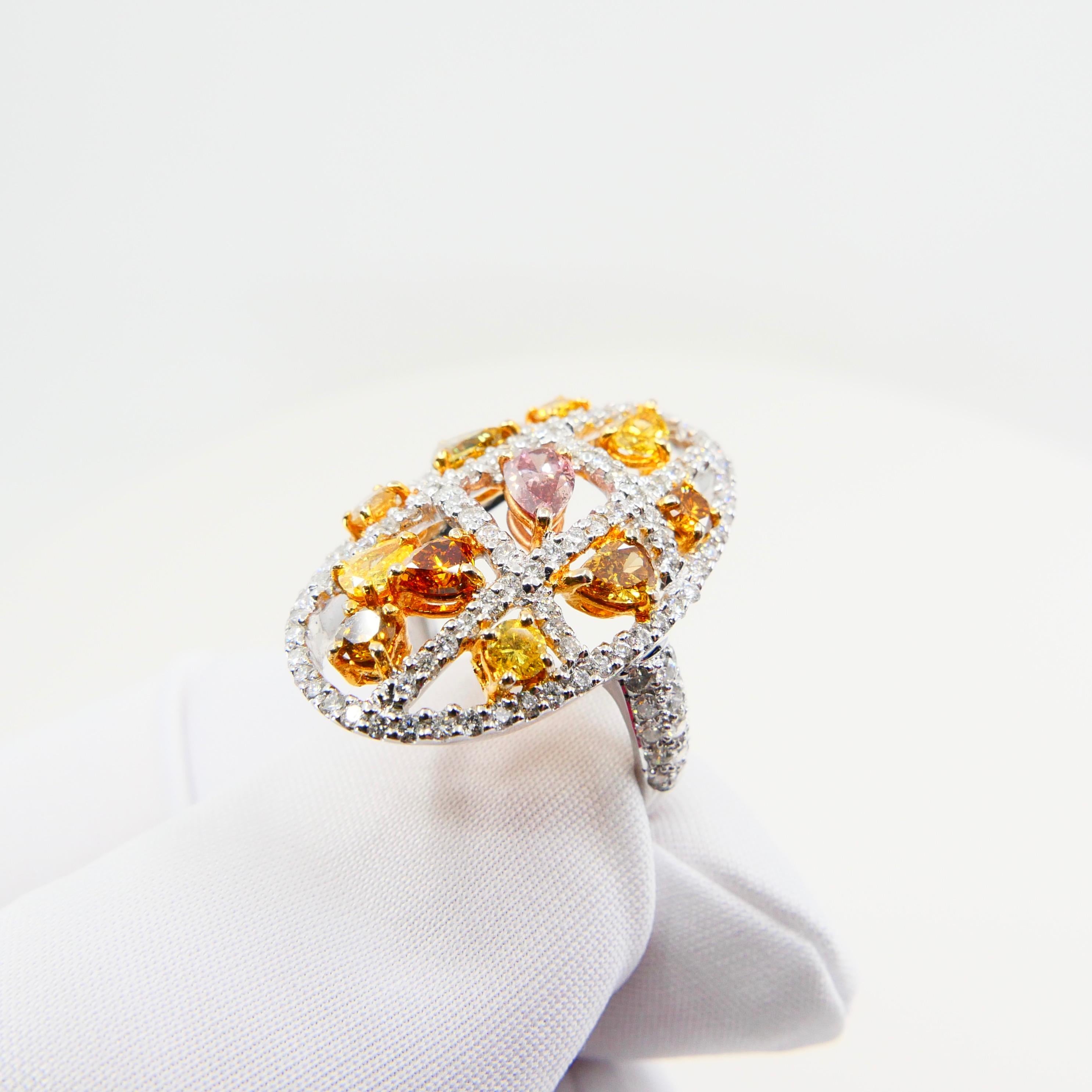 Fancy Color, Fancy Shaped Multicolored Diamond Cocktail Ring, Statement Piece For Sale 1