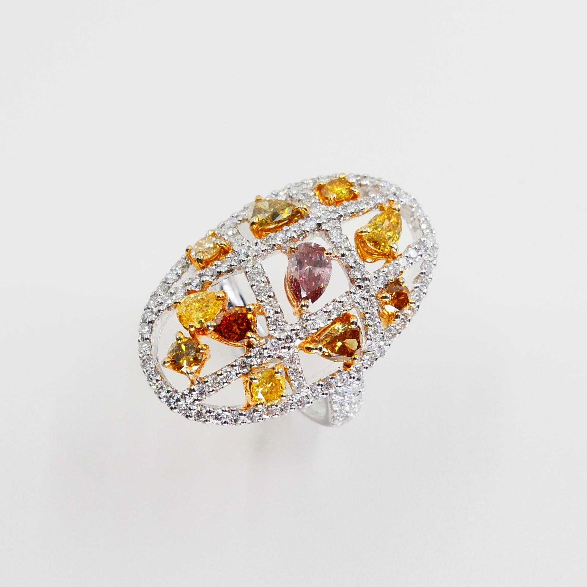 Fancy Color, Fancy Shaped Multicolored Diamond Cocktail Ring, Statement Piece For Sale 2