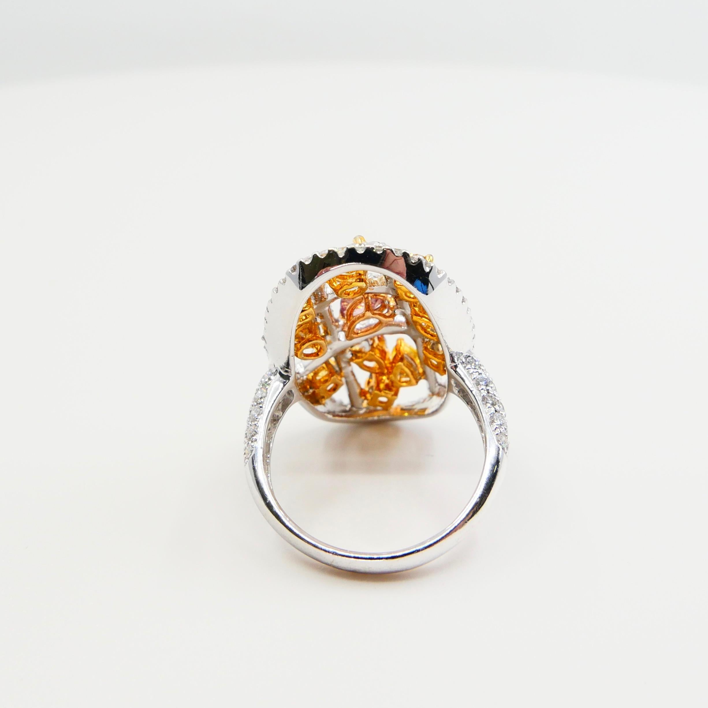 Contemporary Fancy Color, Fancy Shaped Multicolored Diamond Cocktail Ring, Statement Piece For Sale