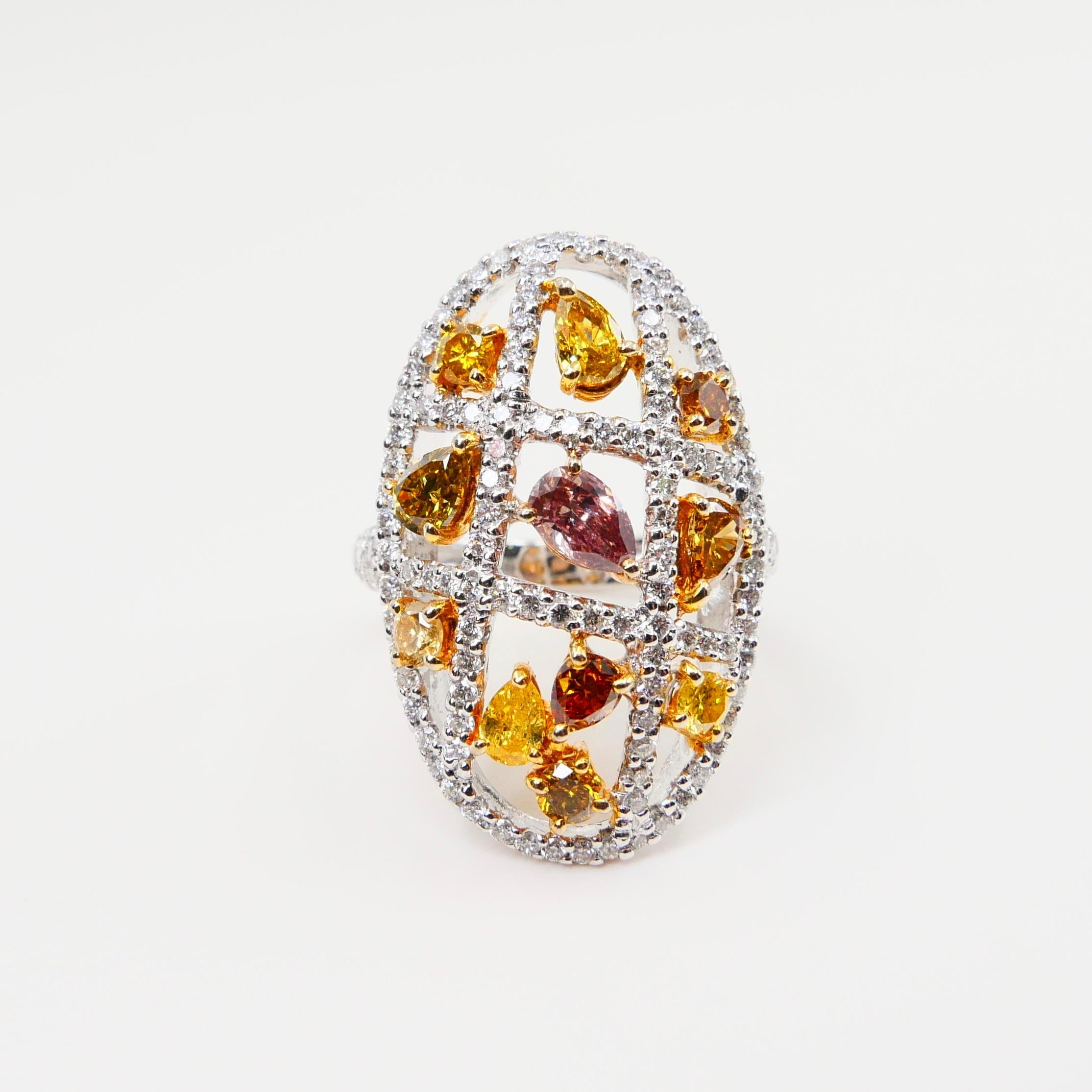 Pear Cut Fancy Color, Fancy Shaped Multicolored Diamond Cocktail Ring, Statement Piece For Sale