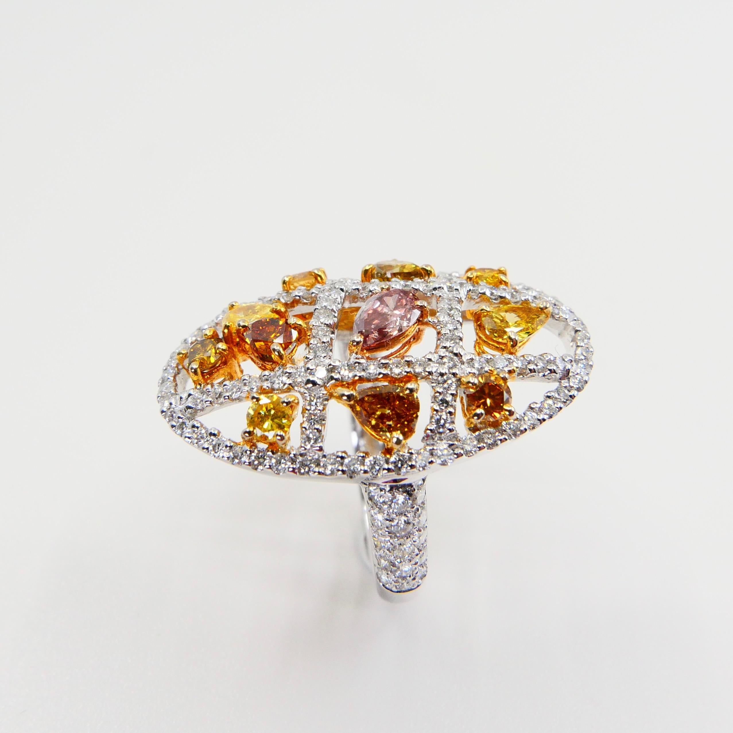 Fancy Color, Fancy Shaped Multicolored Diamond Cocktail Ring, Statement Piece In Good Condition For Sale In Hong Kong, HK