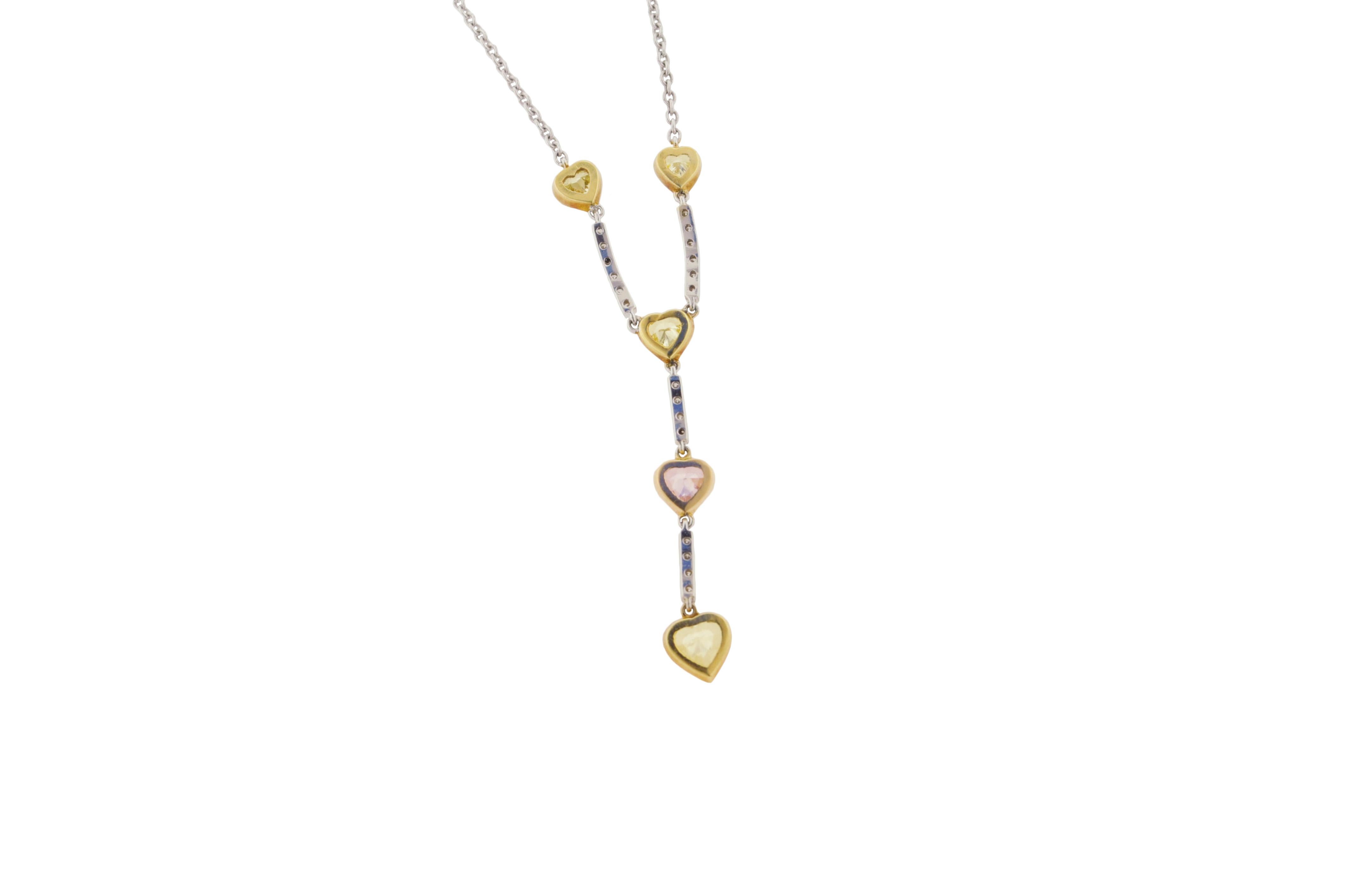 Women's Fancy Color Heart Shape Diamond and Gold Necklace For Sale