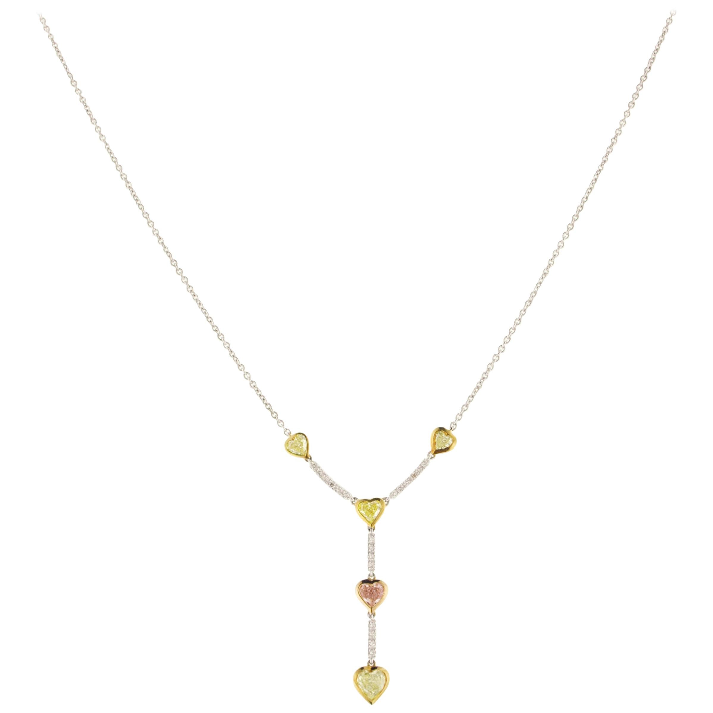 Fancy Color Heart Shape Diamond and Gold Necklace For Sale