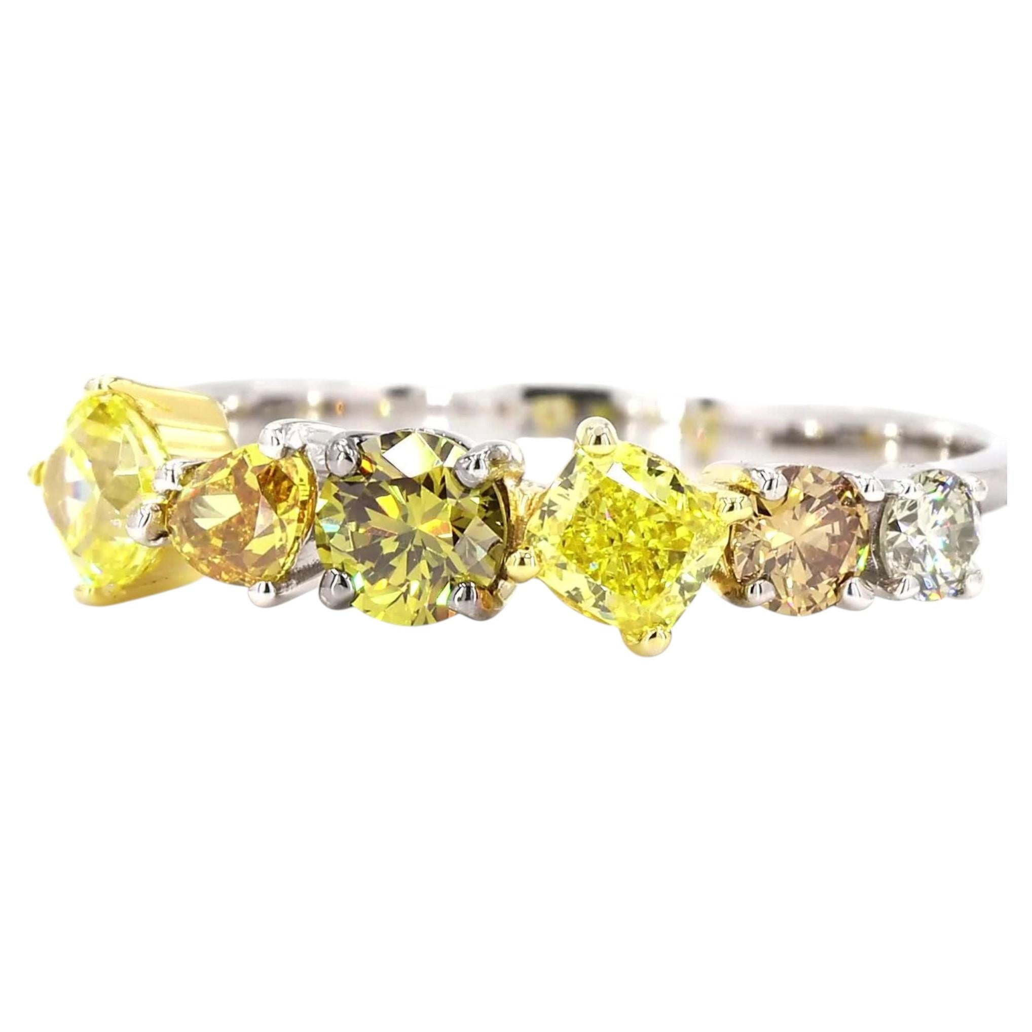 Fancy Color Natural Diamond Multi Shape Band Ring in 14k Solid Gold (Certified)