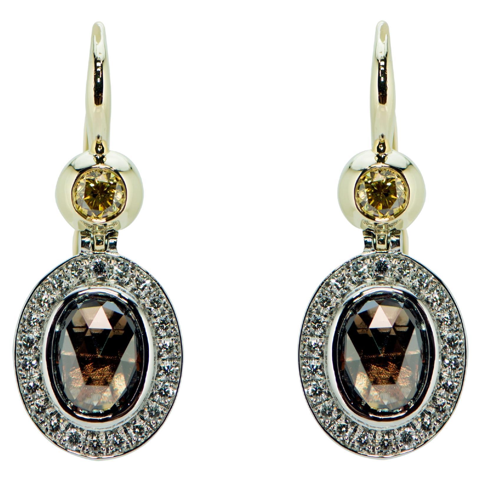 Fancy Color Platinum & 18 Karat Yellow Gold Cognac and Yellow Diamond Earrings 