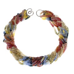Genuine Multi-Sapphire Earthy Bead Choker Necklace, 18 Karat White Gold