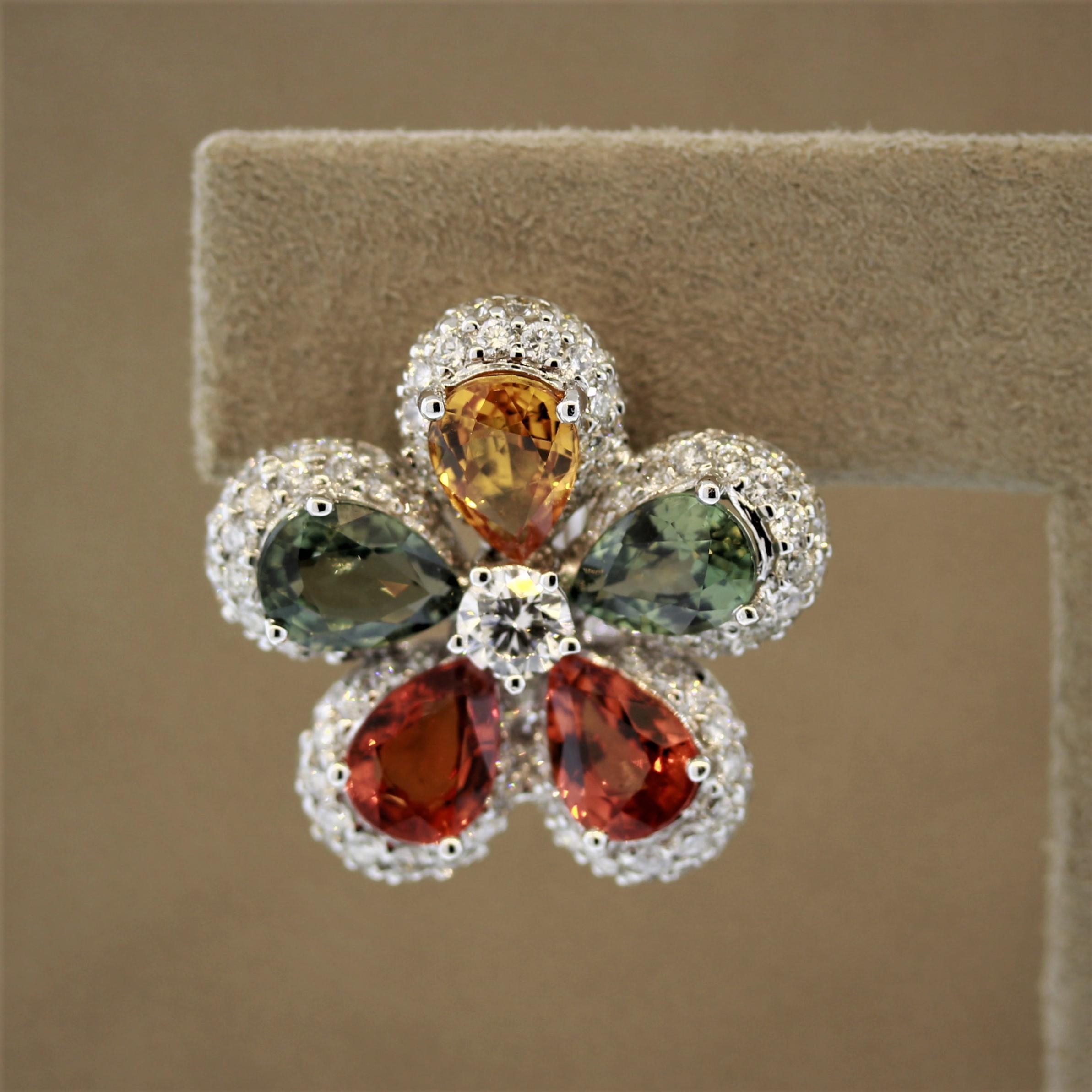 Pear Cut Fancy Color Sapphire Diamond Gold Flower Earrings