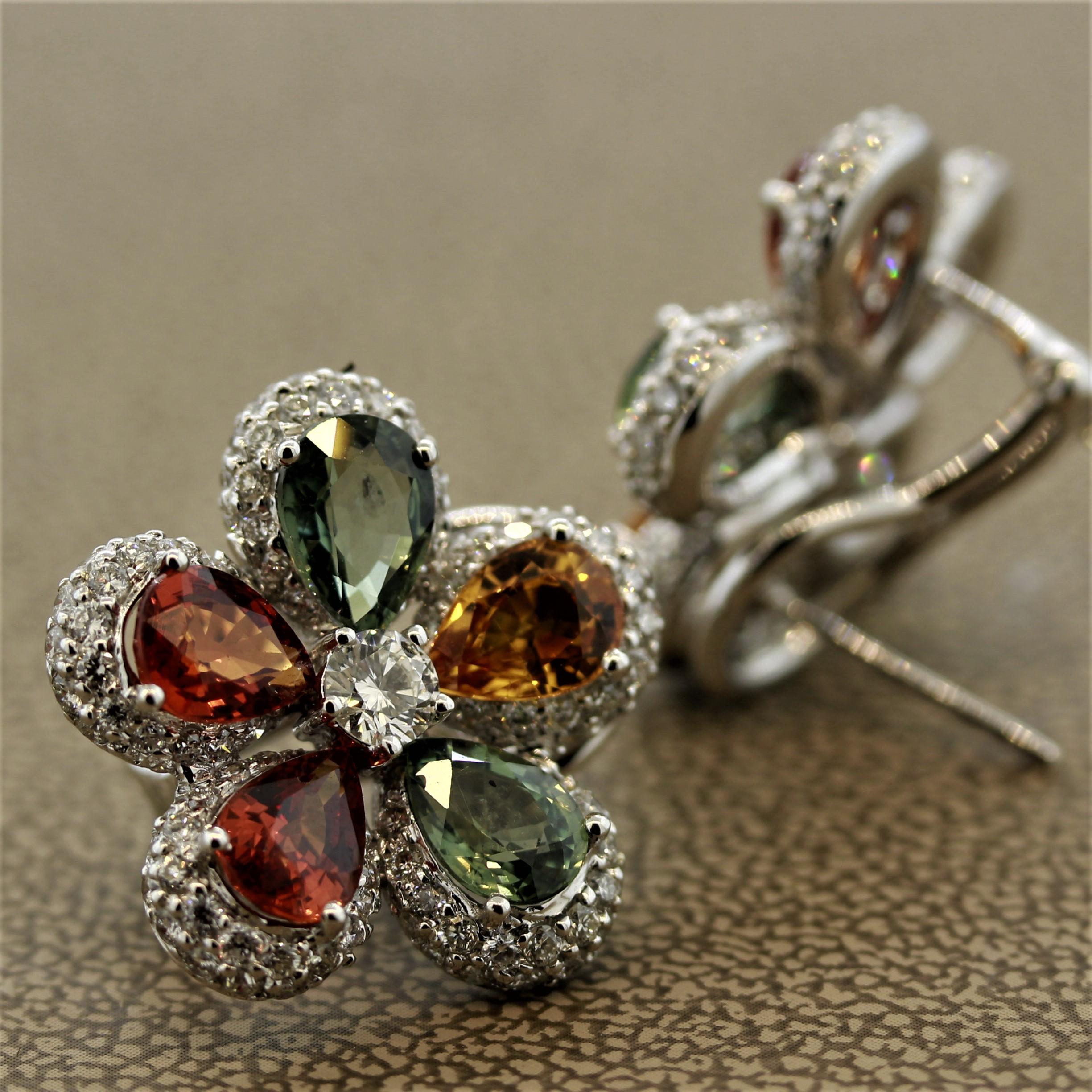 Women's Fancy Color Sapphire Diamond Gold Flower Earrings