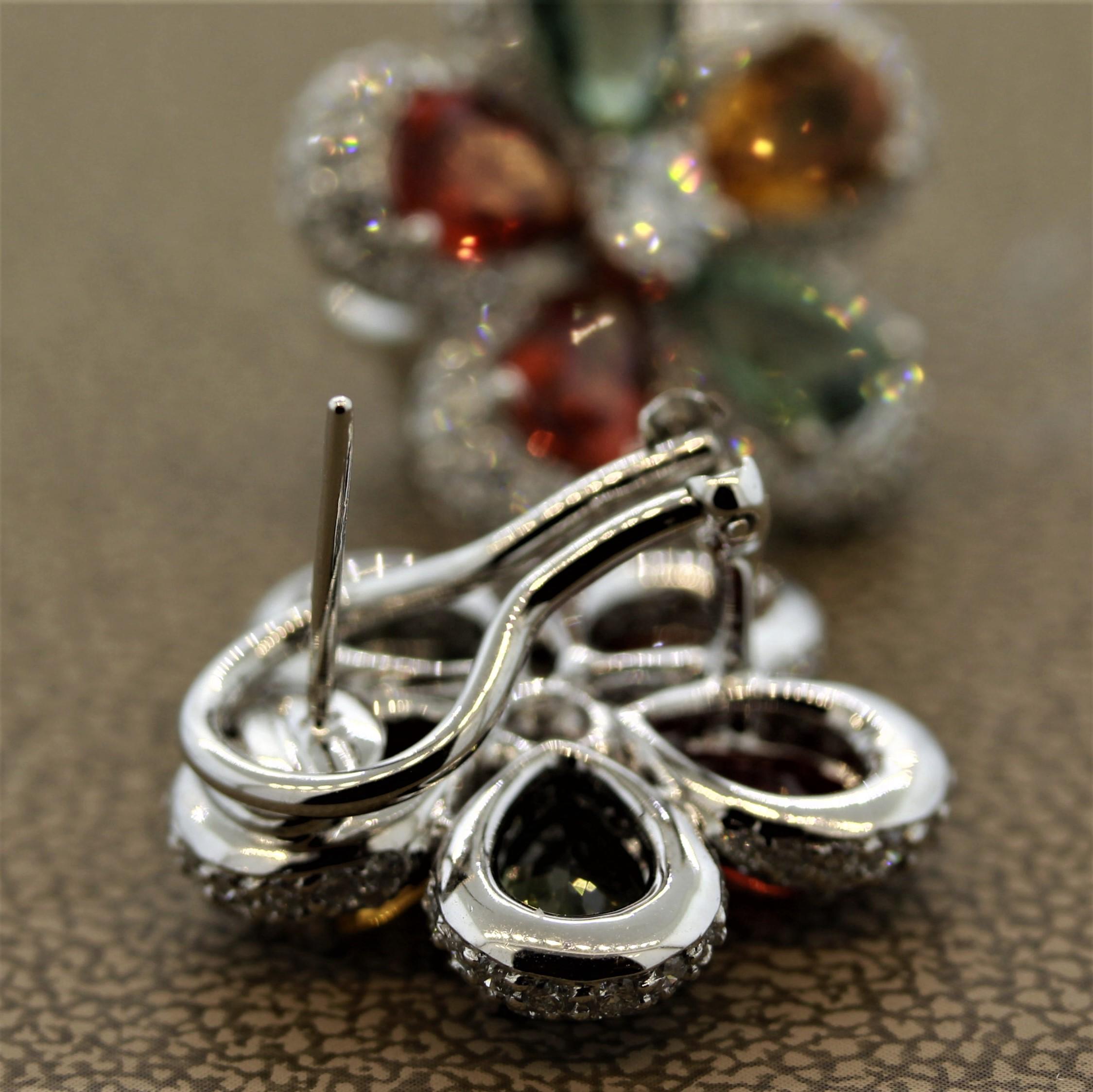 Fancy Color Sapphire Diamond Gold Flower Earrings 1