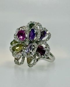 Anello con zaffiro colorato e diamante bianco rotondo - Oro bianco 18 carati