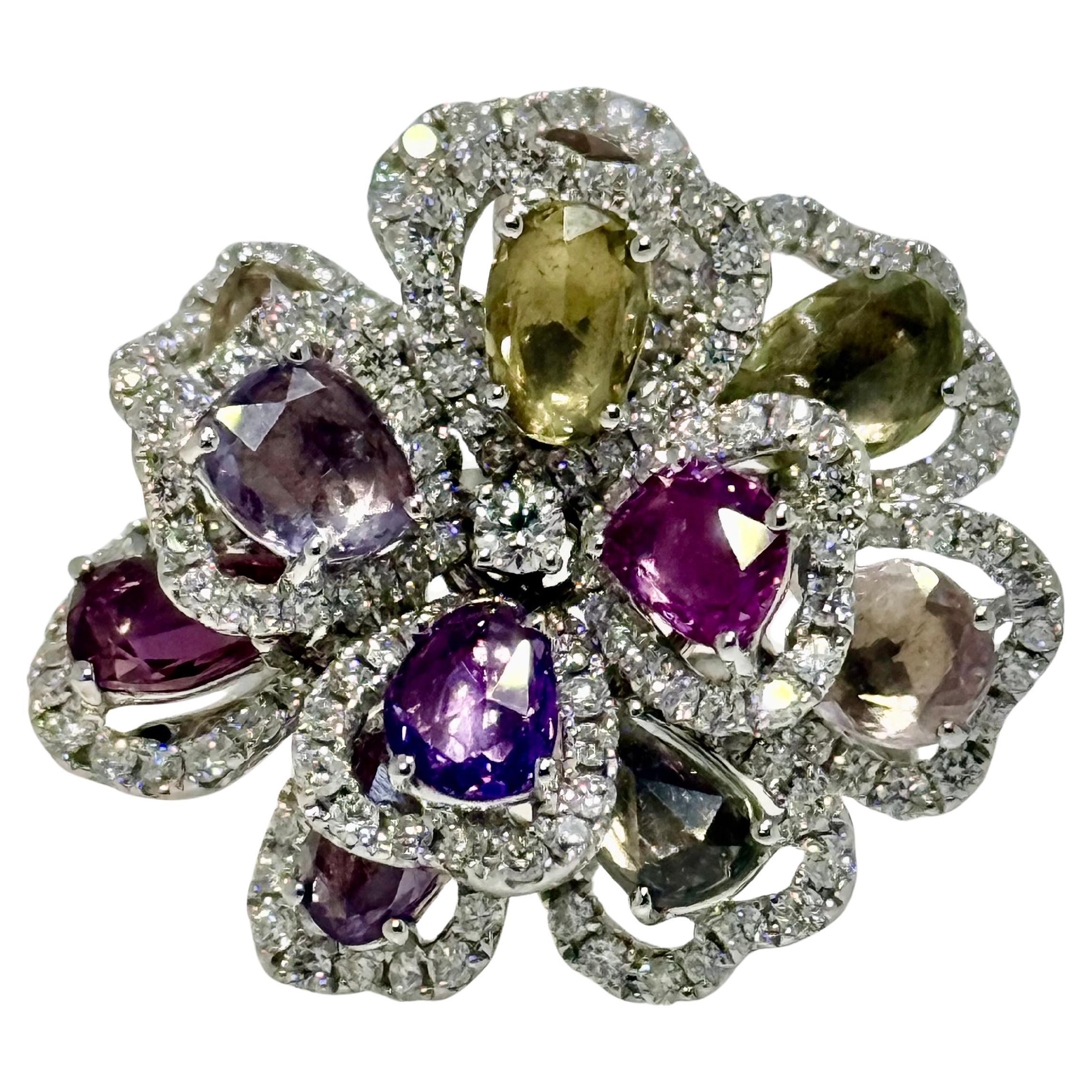 Fancy Color Sapphire & runder weißer Diamant Ring - 18K Weißgold