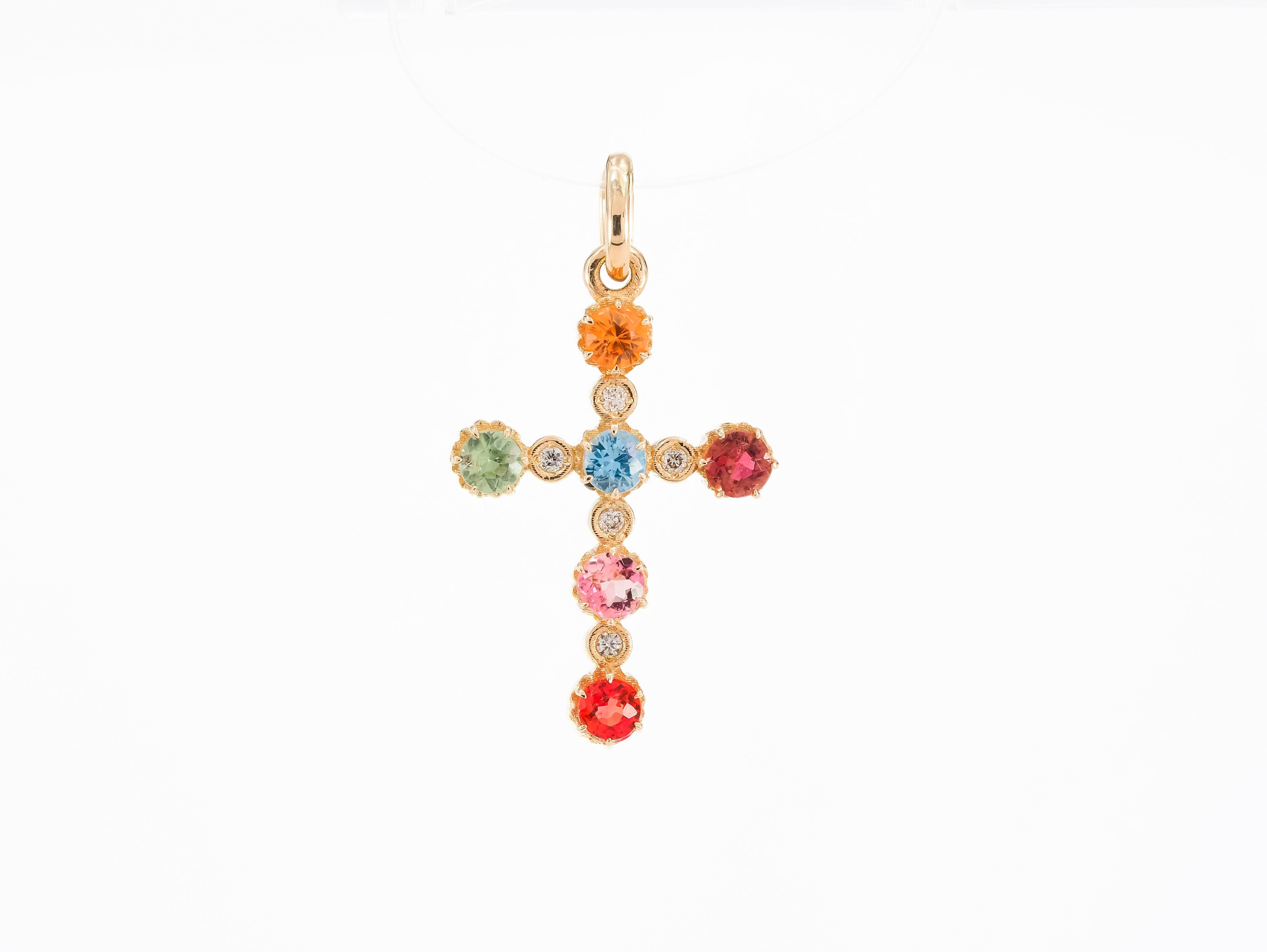 Fancy Color Sapphires and Diamonds Cross Pendant in 14 Karat Gold For Sale 4