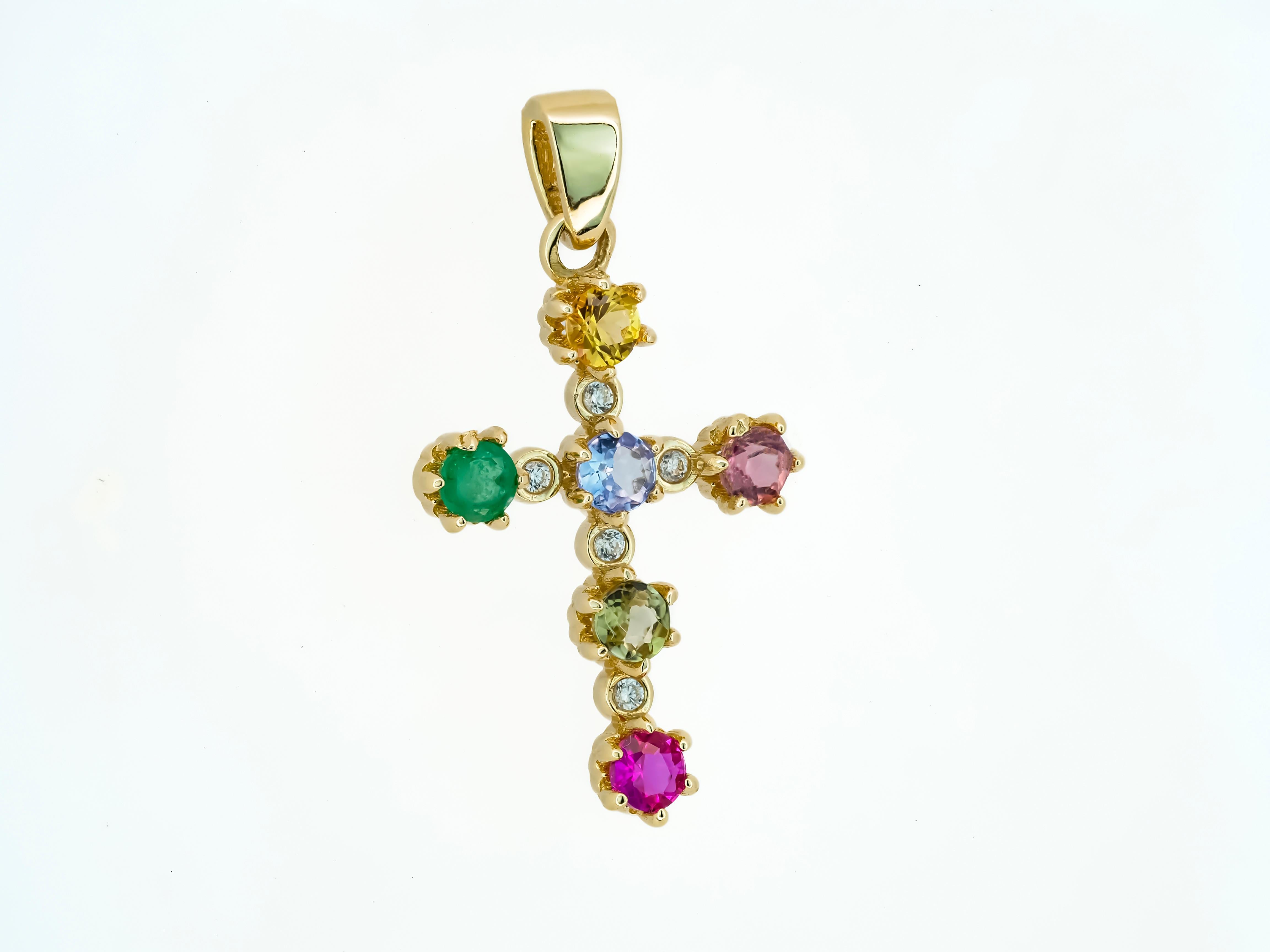 Cross pendant with fancy color sapphires, emerald and diamonds

Weight: 1.2 g.
Gold - 14k yellow gold 
Size -  22x12.5mm
Stones:
1. Fancy color sapphires 6 pieces - round cut, green, pink, red, light blue, yellow and purple color, transparent,