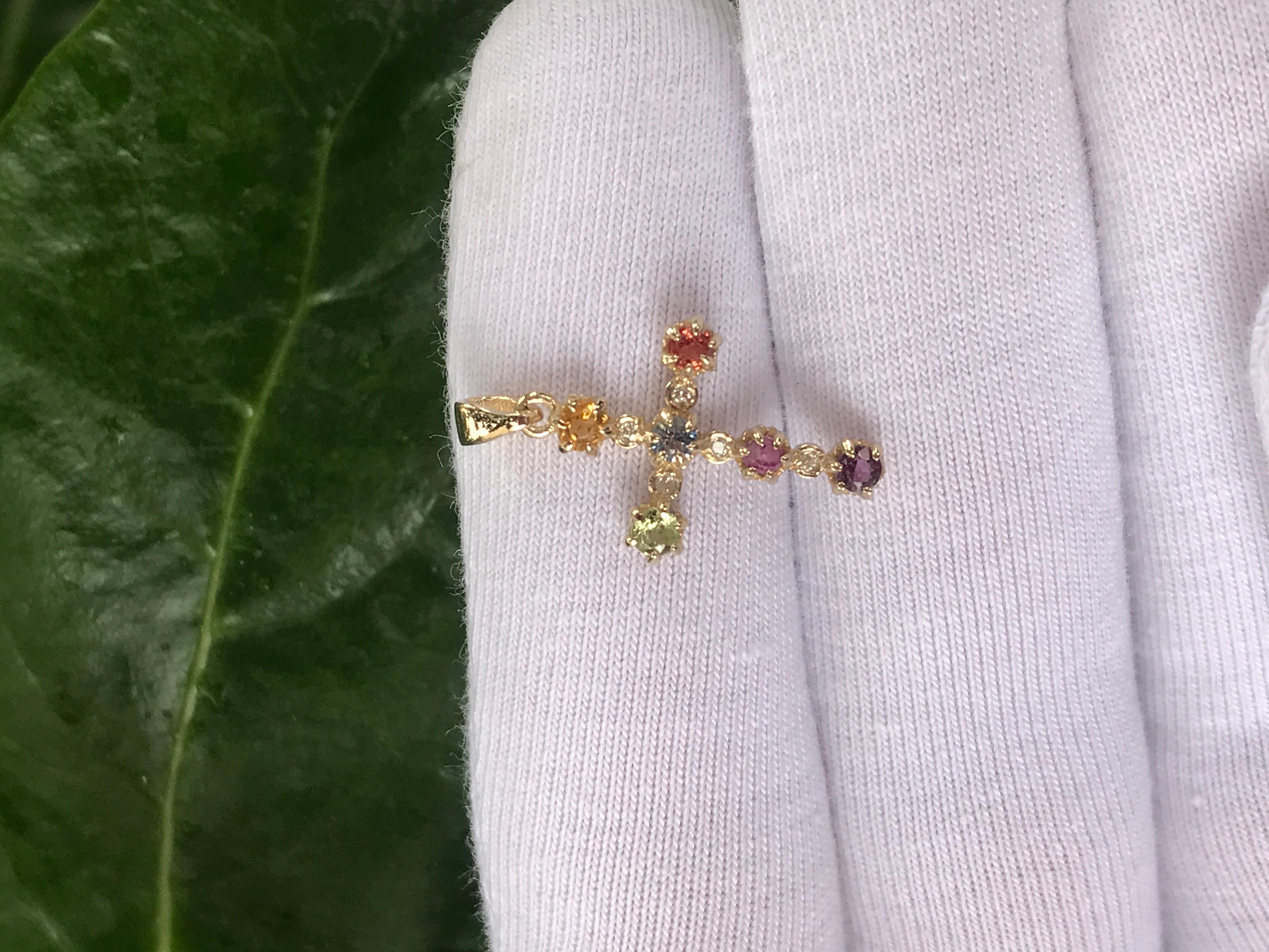 Modern Fancy Color Sapphires and Diamonds Cross Pendant in 14 Karat Gold For Sale