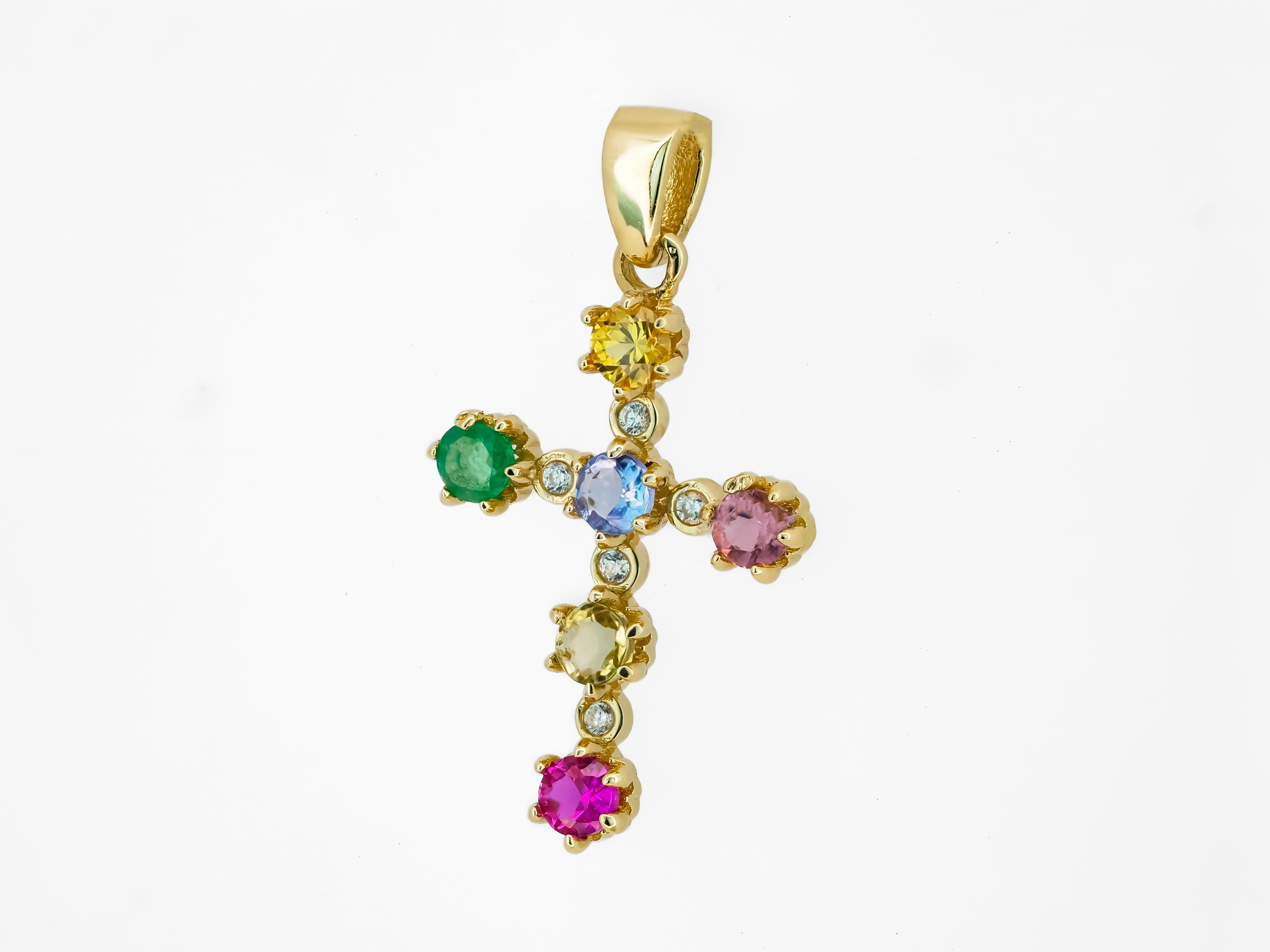 Moderne Pendentif croix en or 14 carats avec saphirs de couleur fantaisie et diamants en vente