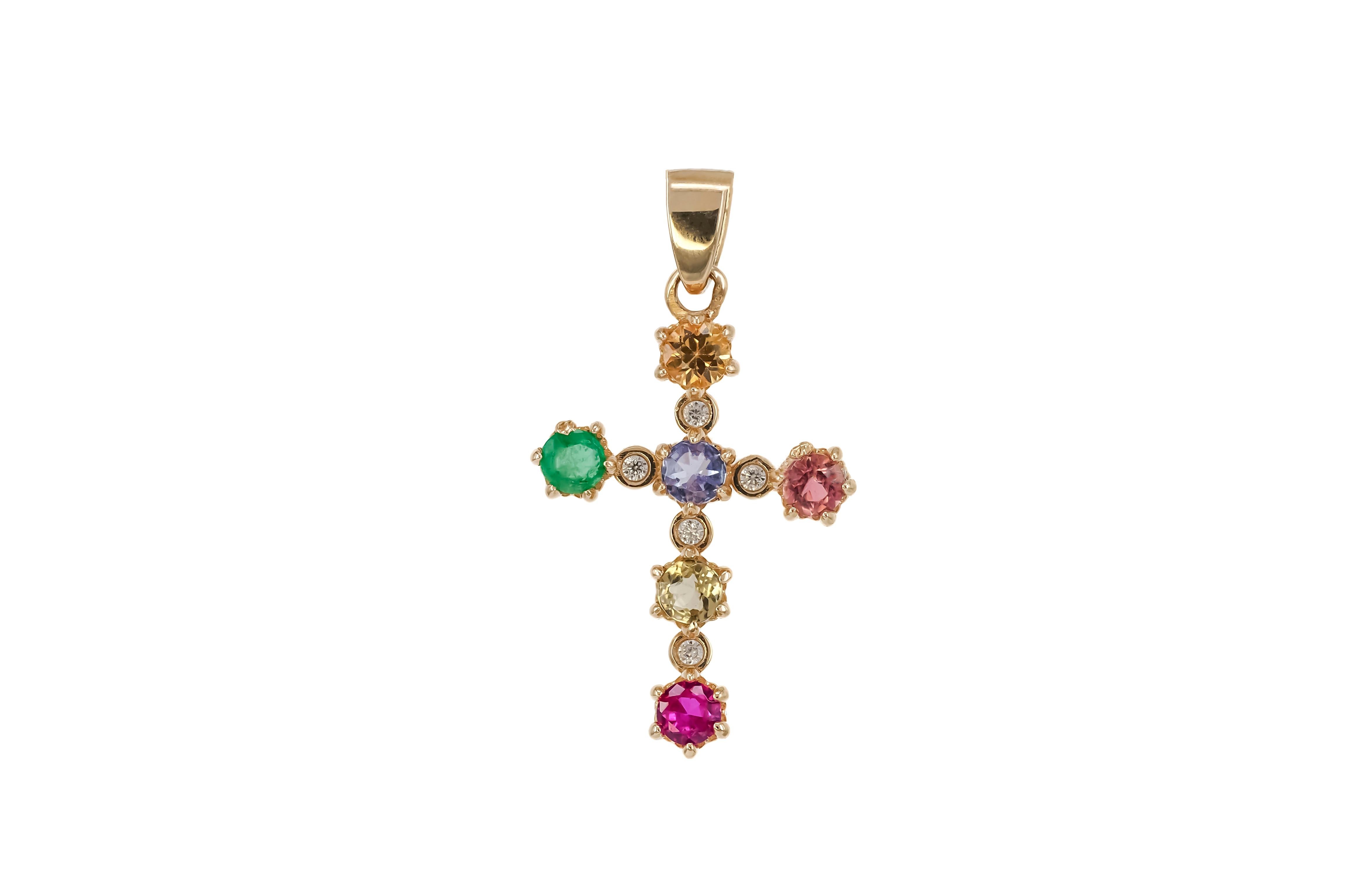 Round Cut Fancy Color Sapphires and Diamonds Cross Pendant in 14 Karat Gold For Sale
