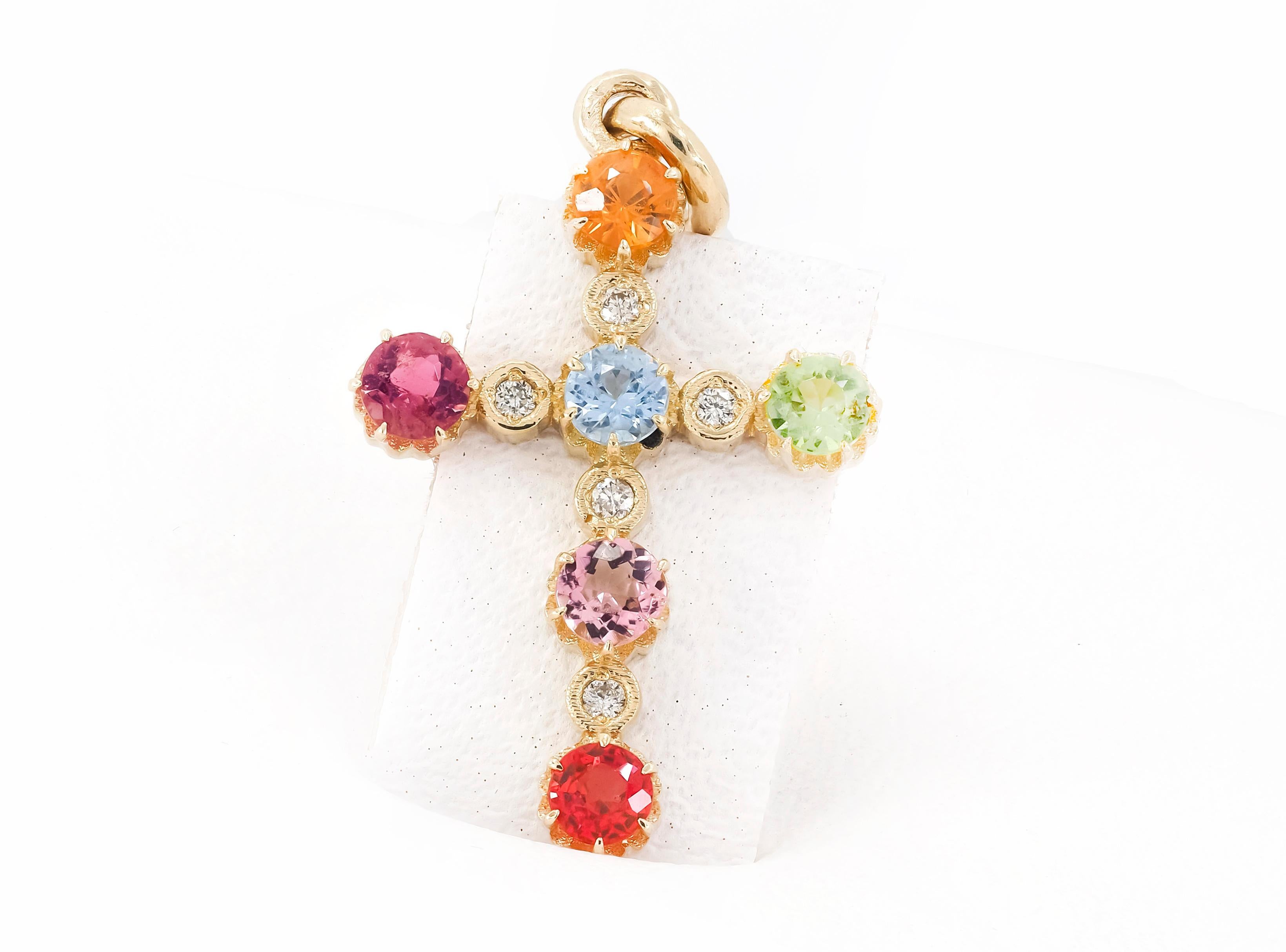 Fancy Color Sapphires and Diamonds Cross Pendant in 14 Karat Gold In New Condition For Sale In Istanbul, TR