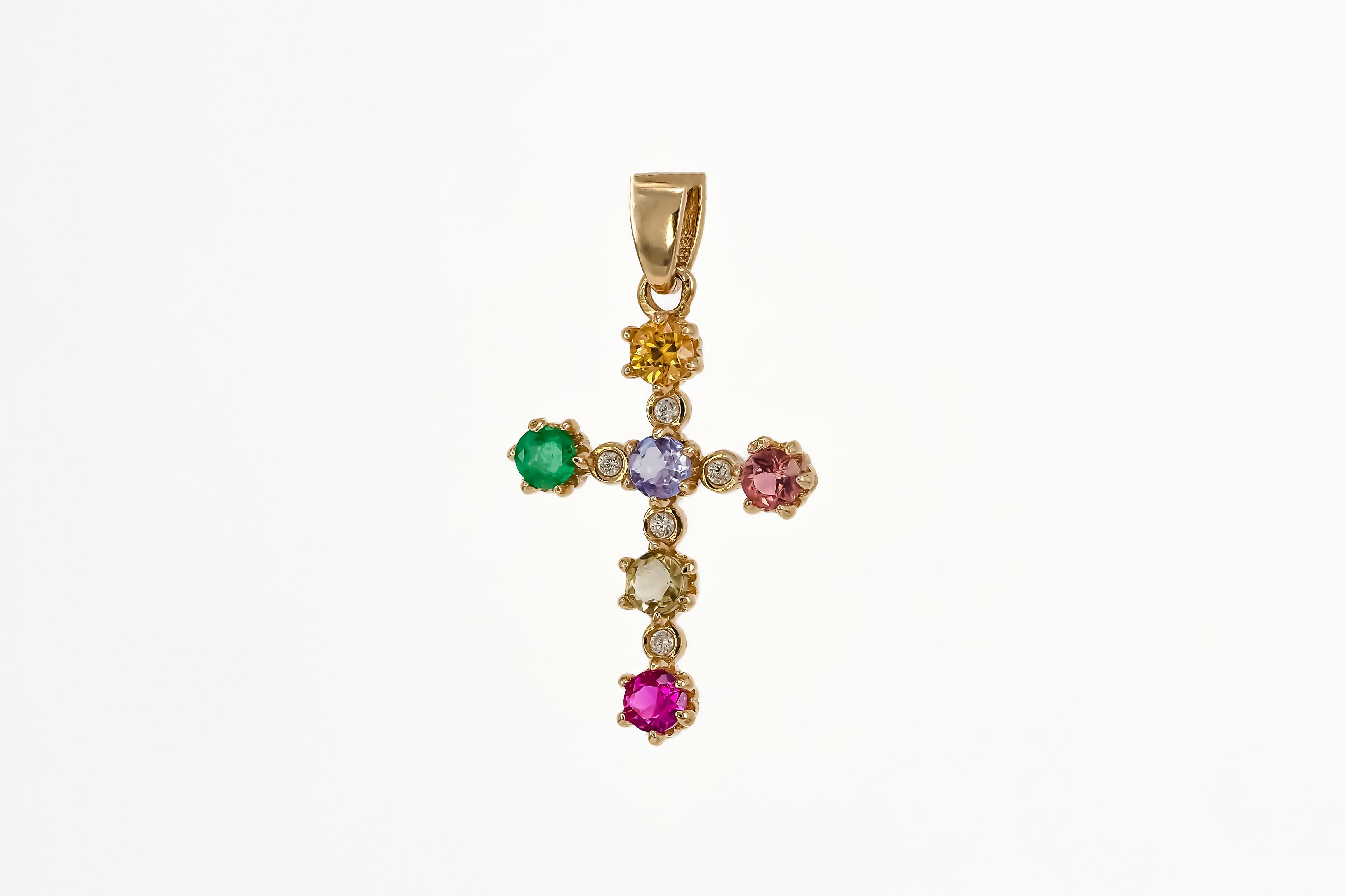 Fancy Color Sapphires and Diamonds Cross Pendant in 14 Karat Gold In New Condition For Sale In Istanbul, TR