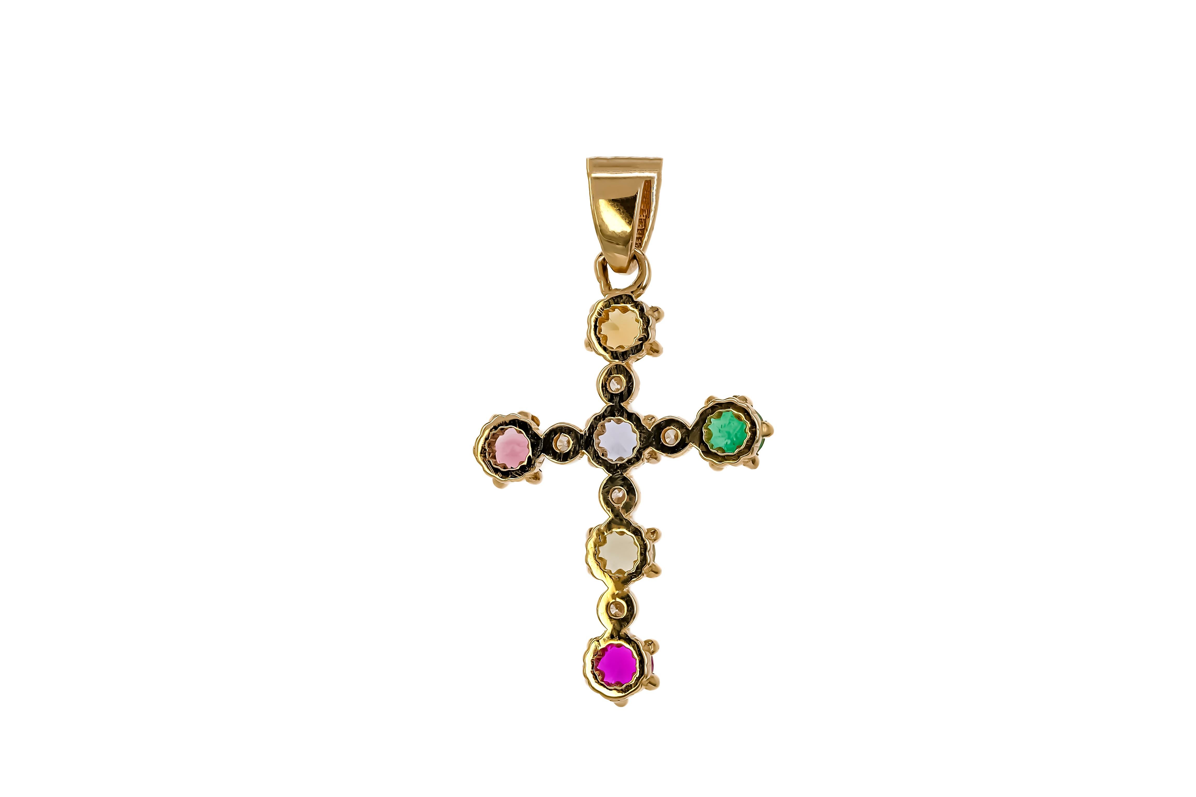 Women's Fancy Color Sapphires and Diamonds Cross Pendant in 14 Karat Gold For Sale