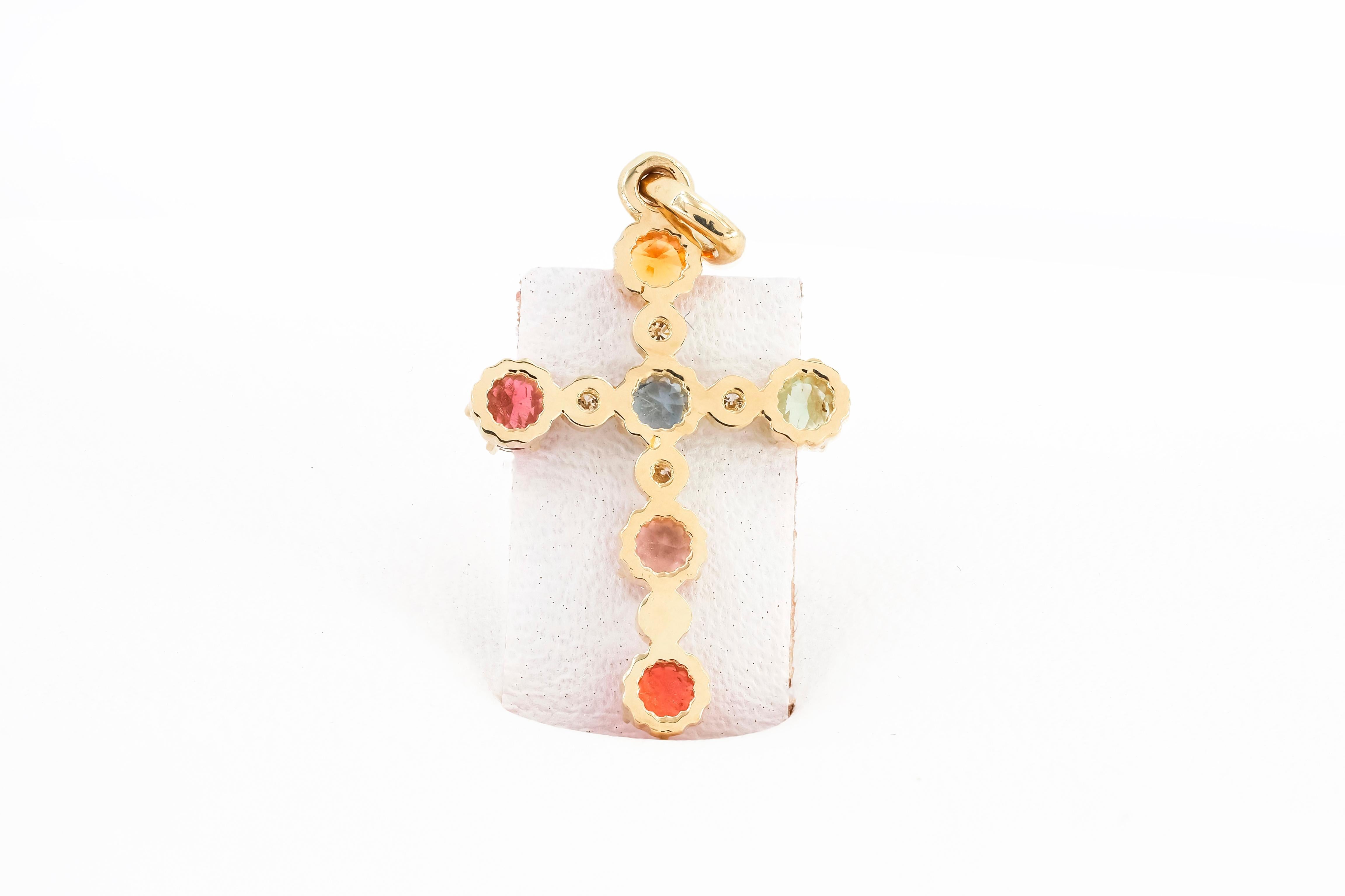 Fancy Color Sapphires and Diamonds Cross Pendant in 14 Karat Gold For Sale 1
