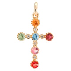 Retro Fancy Color Sapphires and Diamonds Cross Pendant in 14 Karat Gold