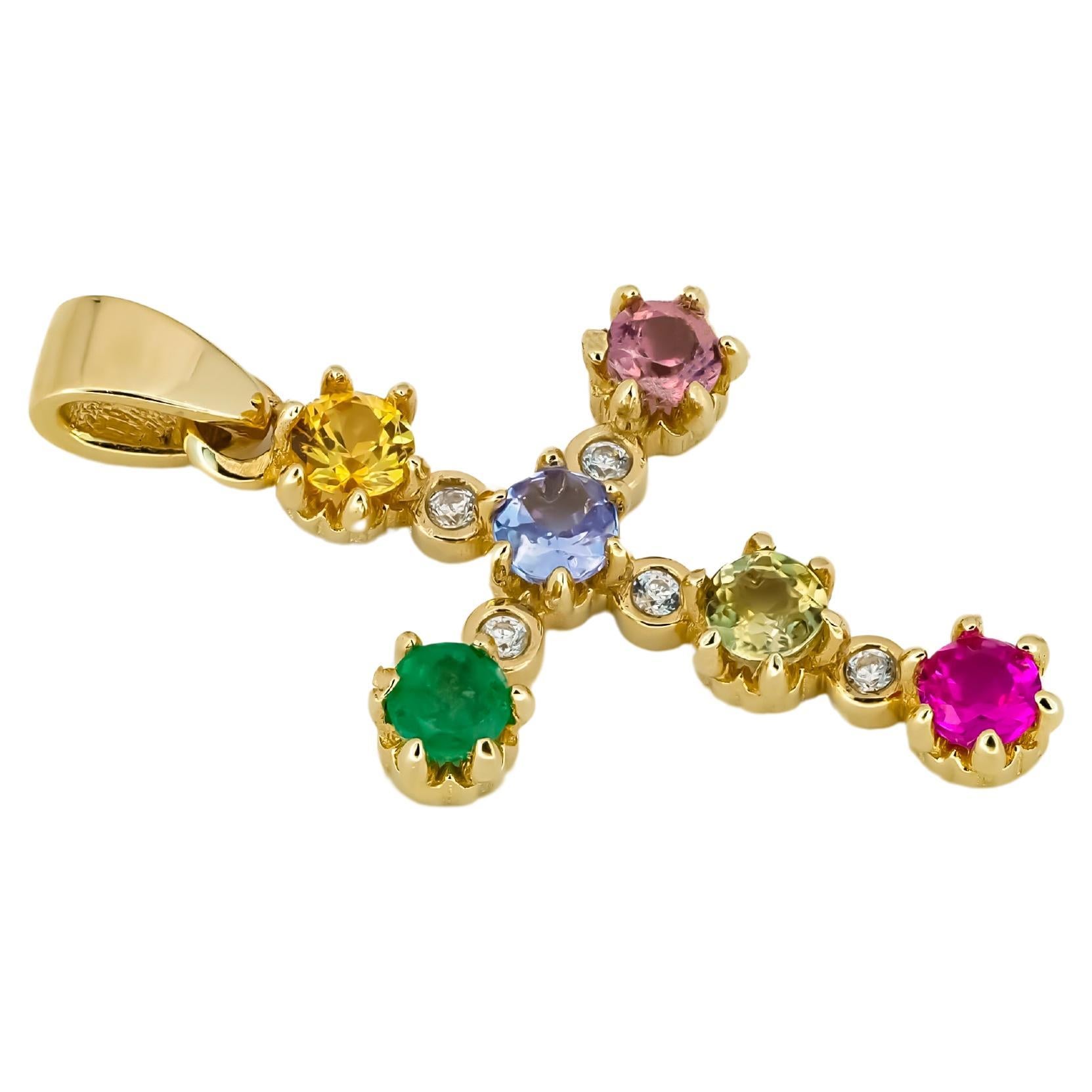 Fancy Color Sapphires und Diamanten Kreuz Anhänger in 14 Karat Gold im Angebot