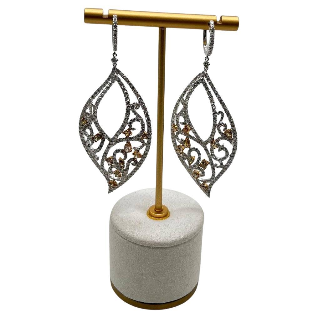Fancy Color & White Diamond Fancy Elegant 18K White Gold Statement Drop Earrings