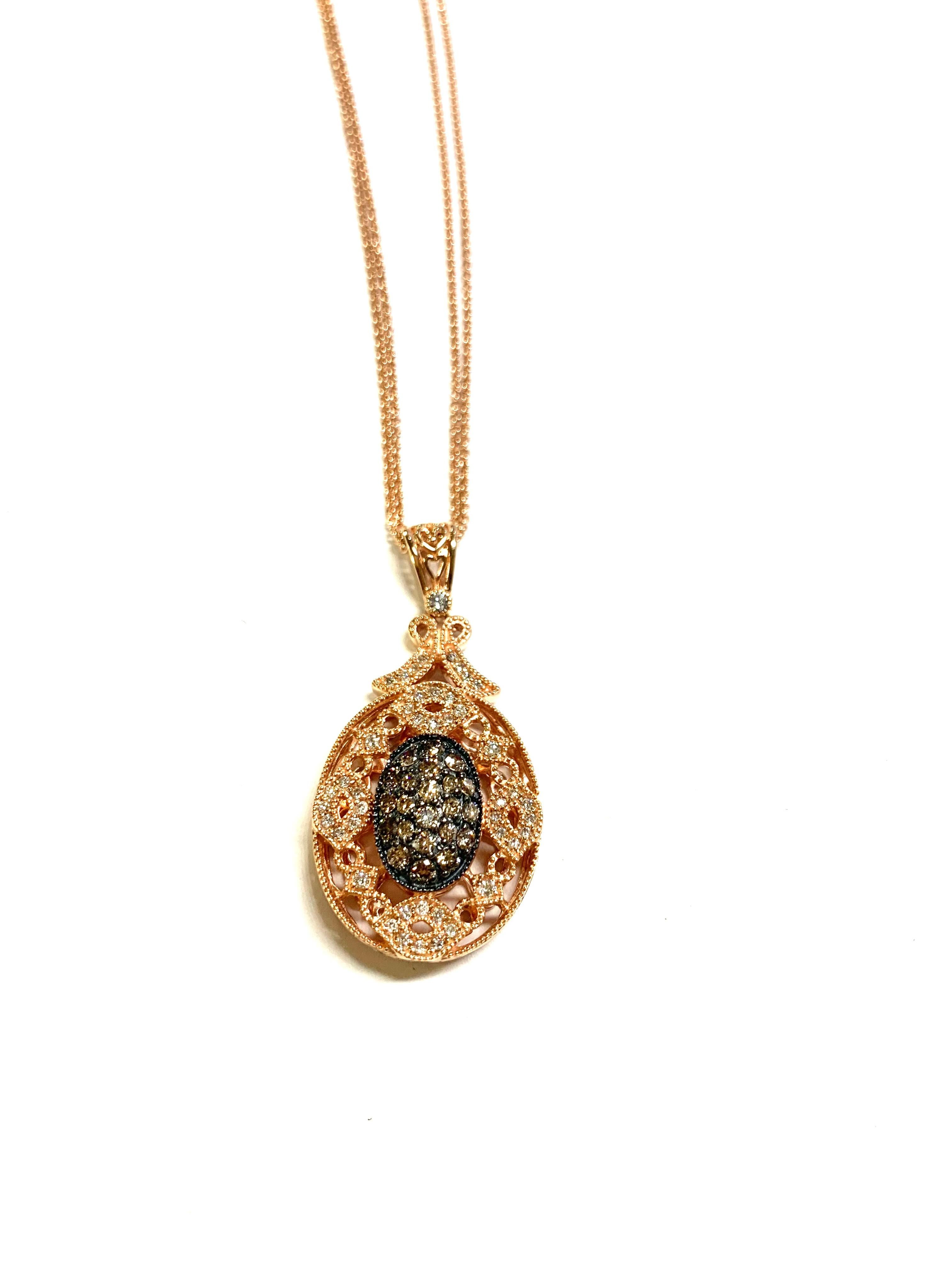 Rose Cut Fancy Colored Diamond and Rose Gold Pendant Necklace on Double Link Chain For Sale