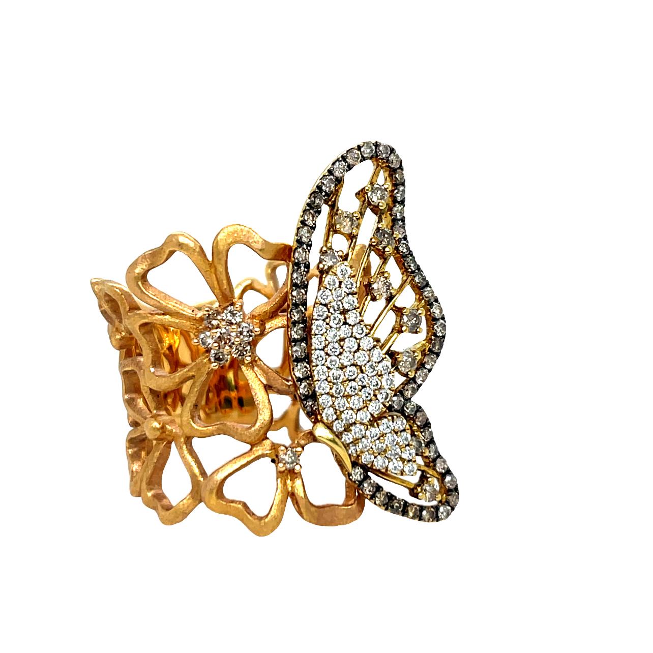 Fancy Colored Diamond Butterfly Cocktail Ring in 18K Rose Gold For Sale