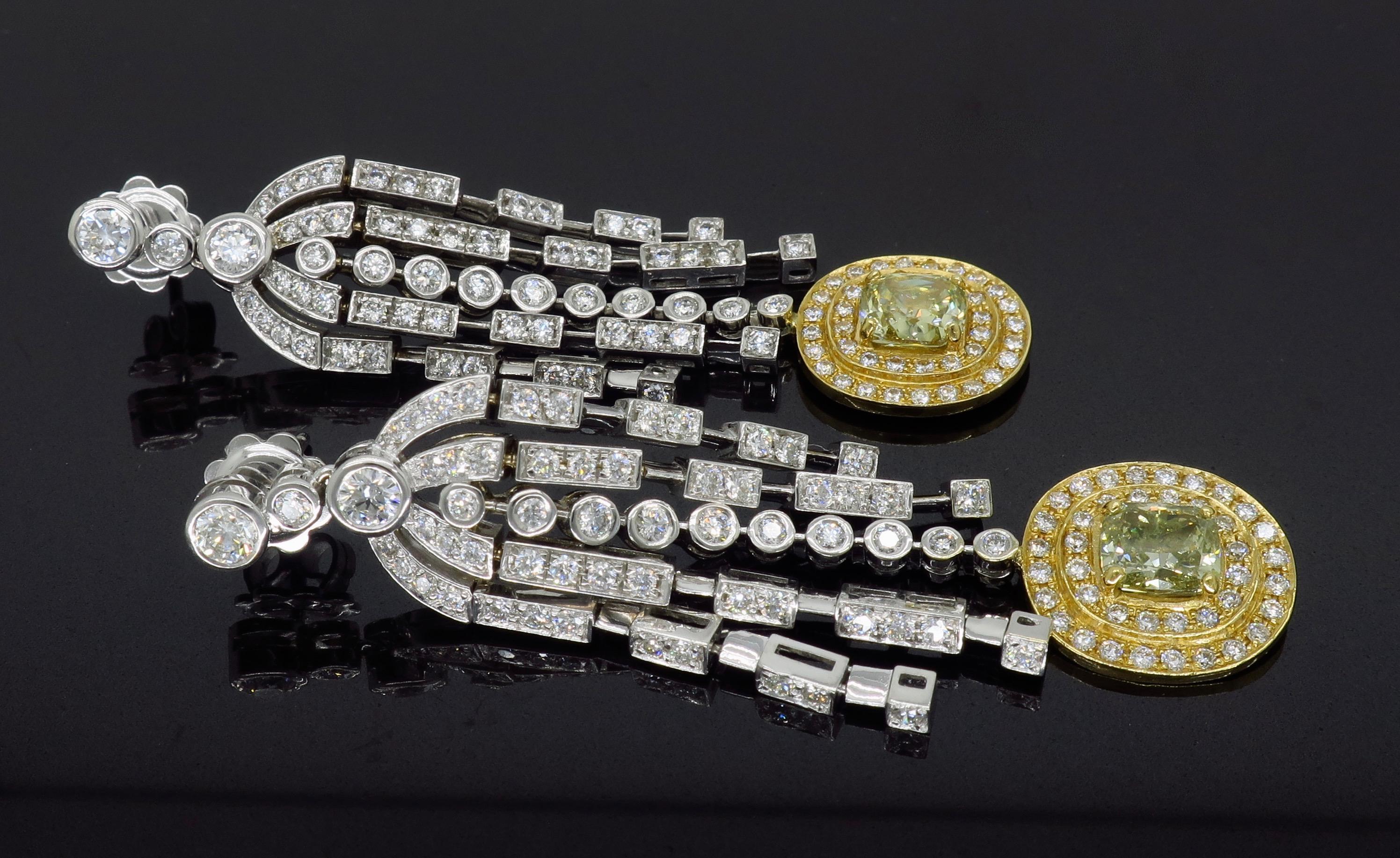 Cushion Cut Fancy Colored Diamond Chandelier Earrings in 18 Karat Gold