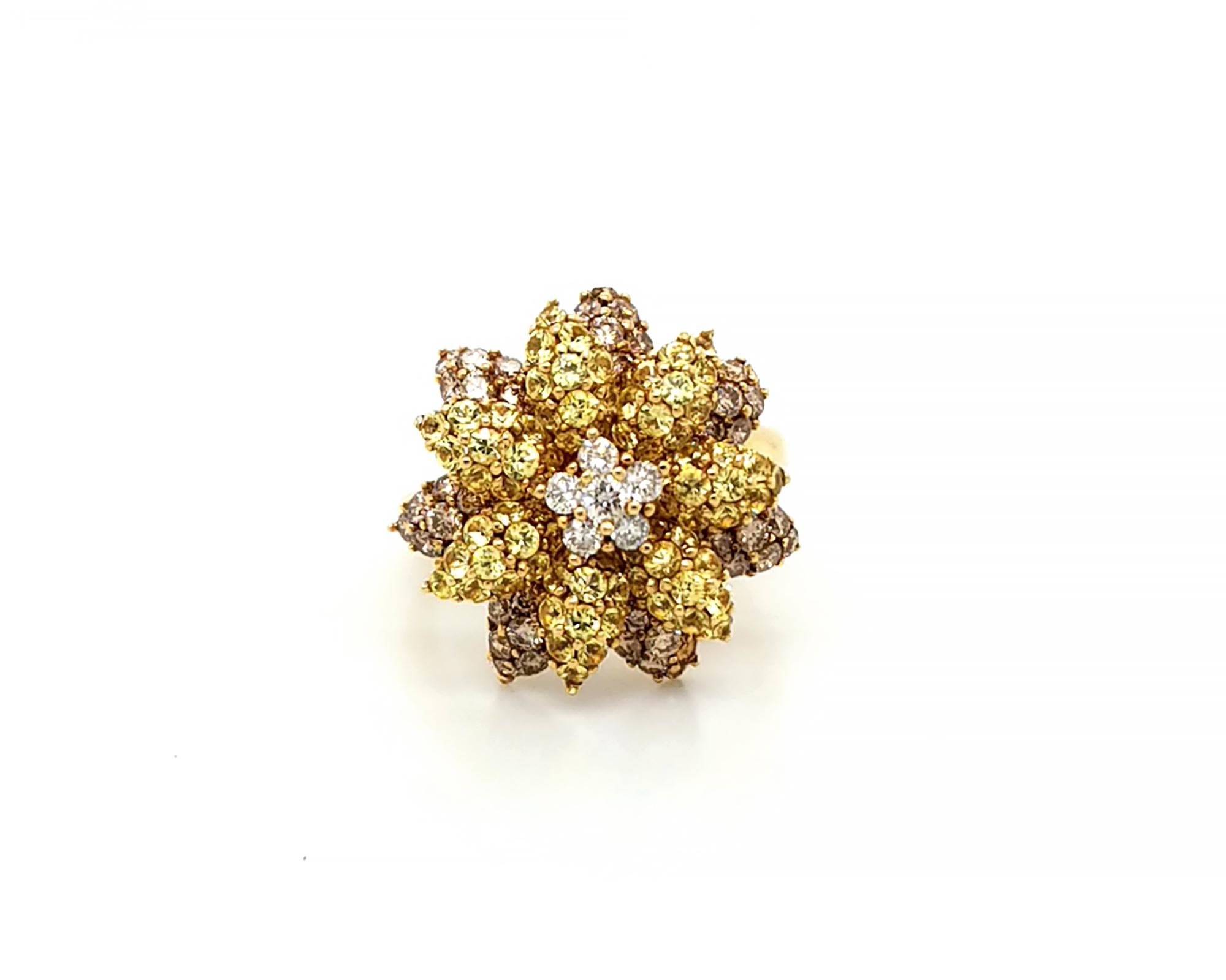 Beautiful multi-colored diamond flower ring suitable for any occasion. Set with yellow and white diamonds.
Estimated clarity of the diamonds is VS.
The diamonds are not certified.
The metal is 14K yellow gold.
Size: 6,5. Resizing available. 




