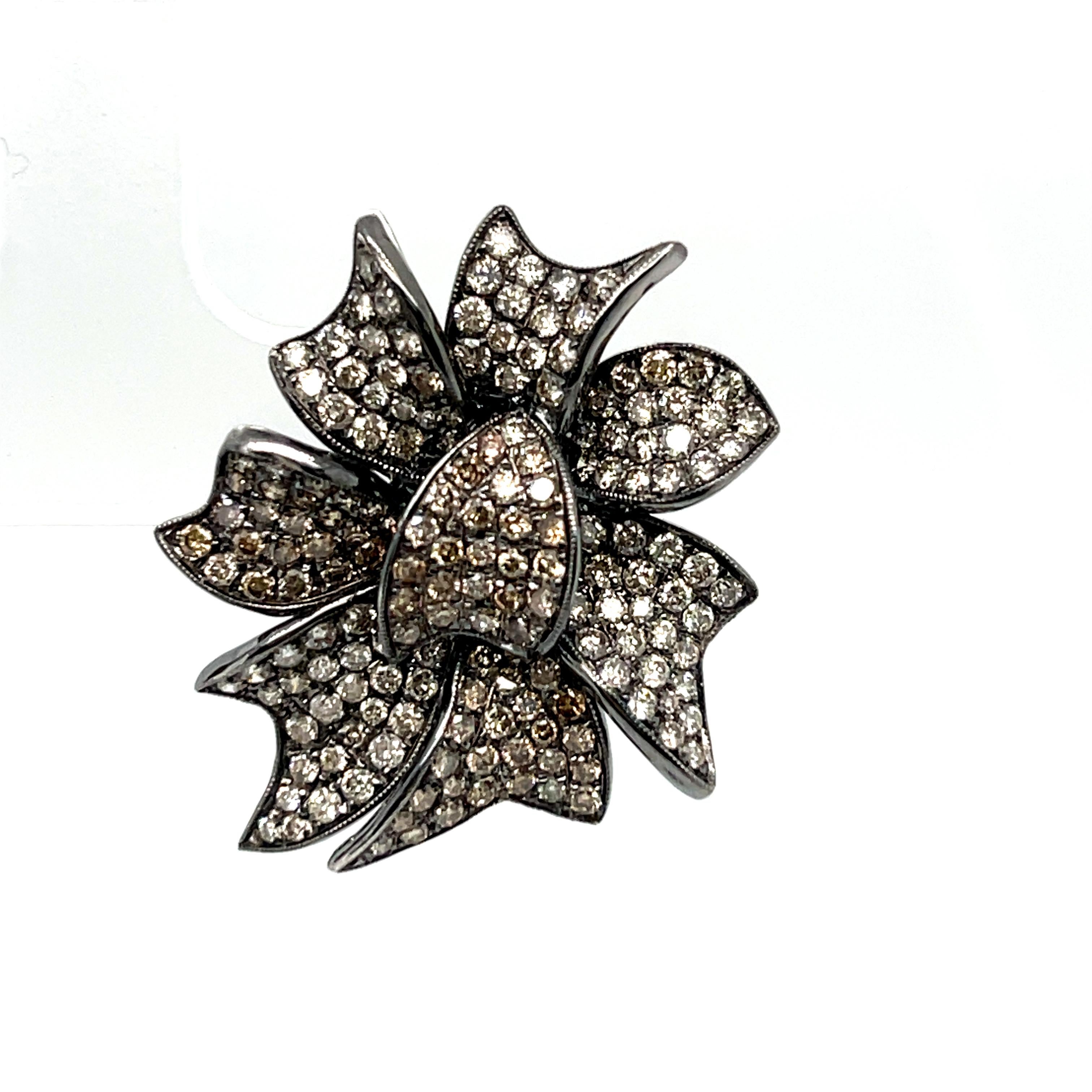 Brilliant Cut Fancy colored Diamond Flower Earrings in 18KWB Gold For Sale
