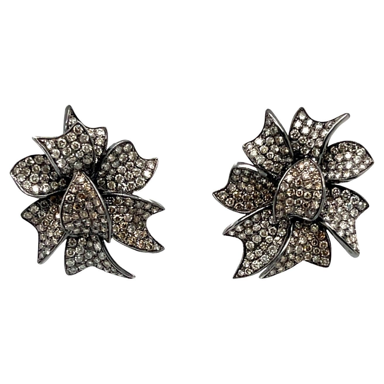 Fancy colored Diamond Flower Earrings in 18KWB Gold For Sale